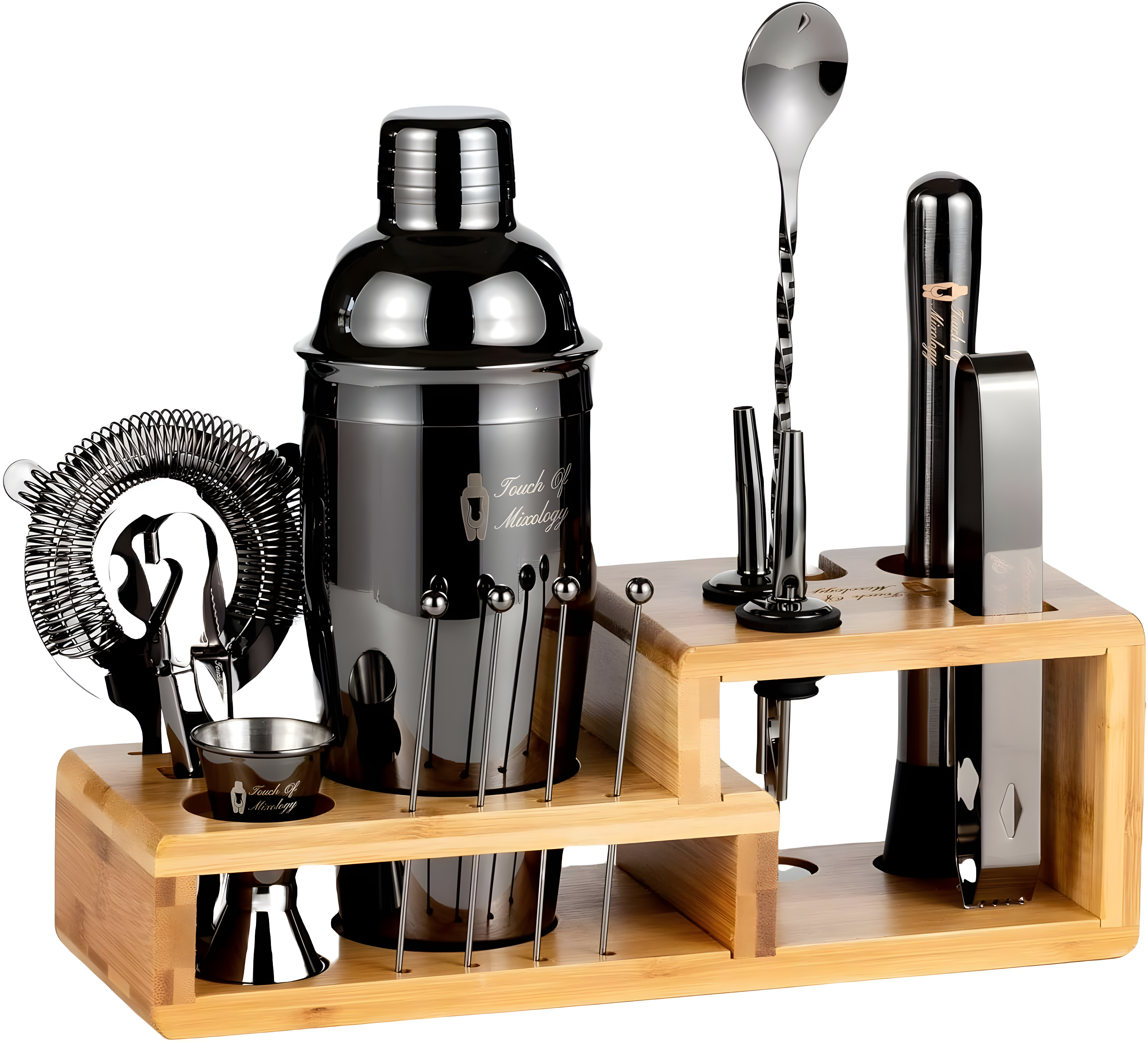 Touch of Mixology Premium 14 Piece Stainless Steel Bartender Kit with Bamboo Stand (Dark Metallic)
