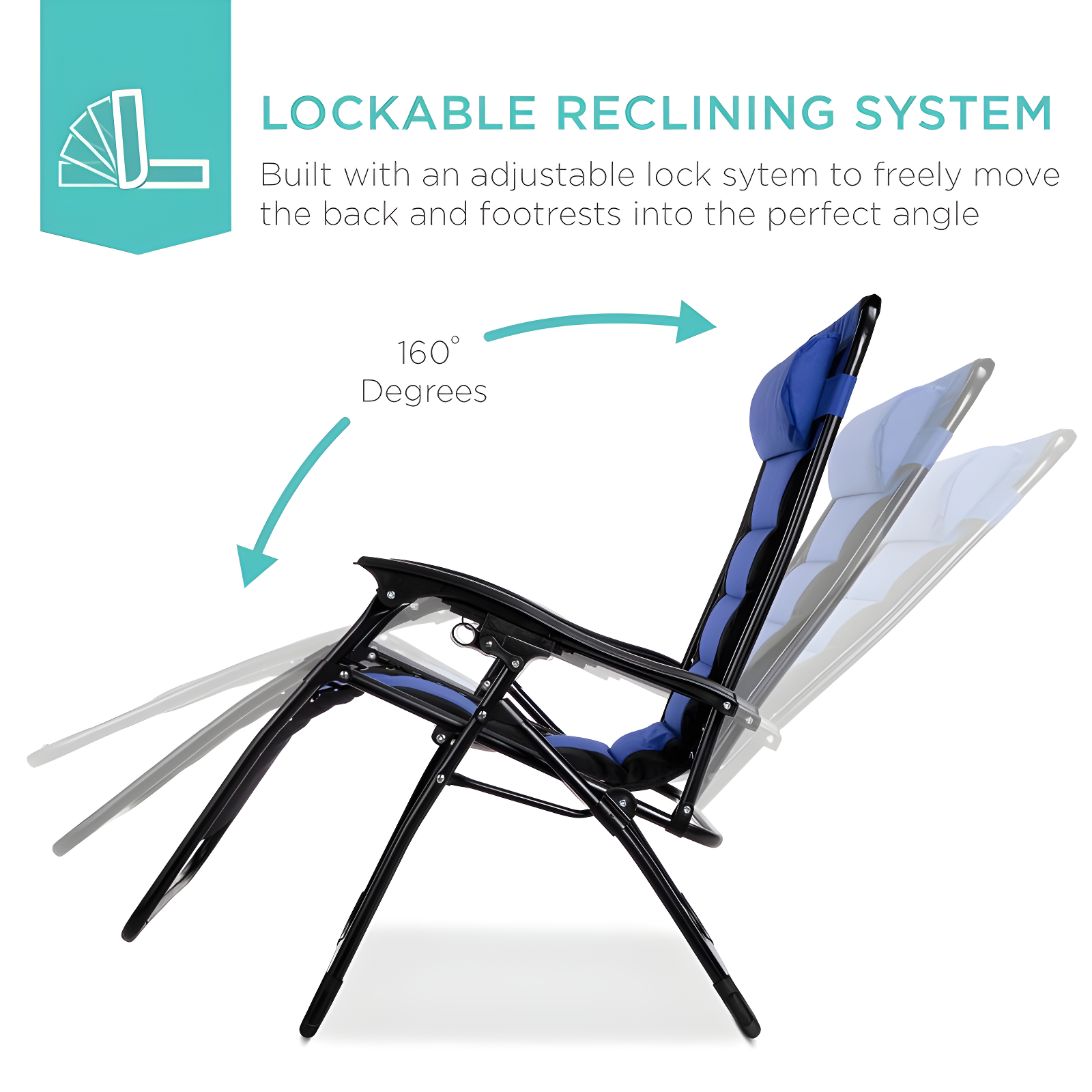 Best Choice Products Oversized Padded Zero Gravity Chair, Folding Outdoor Patio Recliner w/ Side Tray - Black/Blue