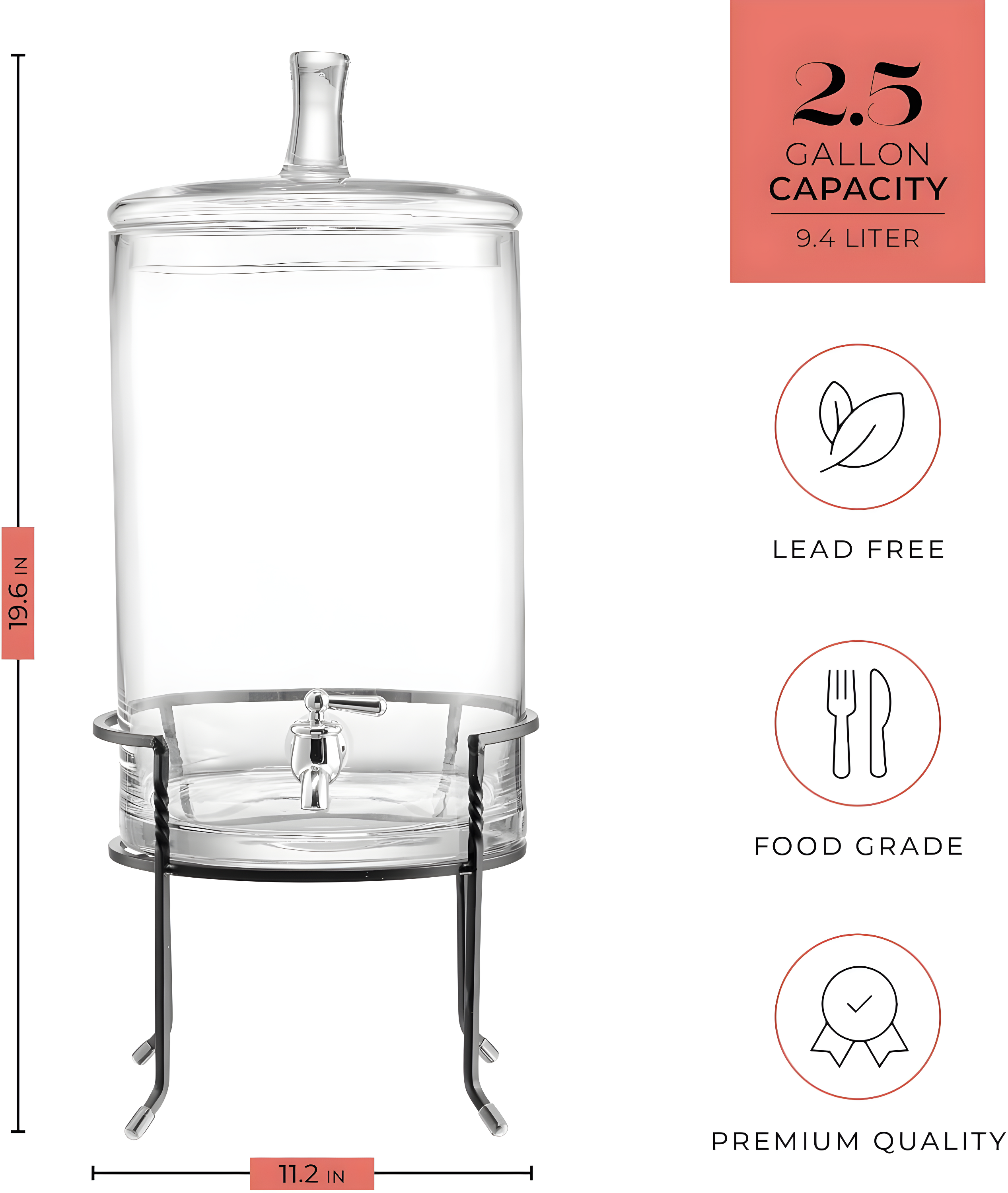 Fifth Avenue Crystal, Round, Clear Glass Beverage Dispenser with Spigot and Metal Stand, 2.5 Gallon