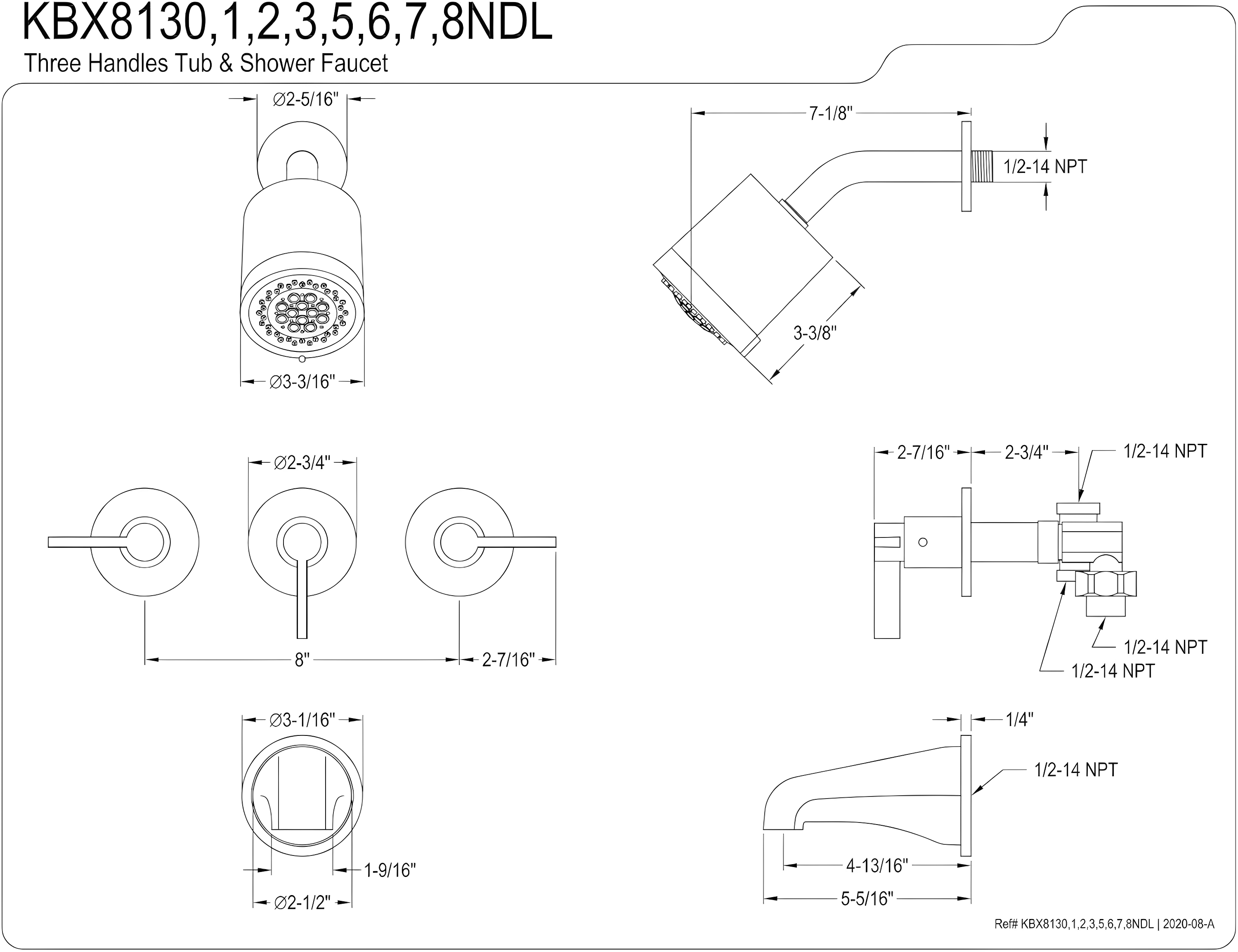Kingston Brass NuvoFusion Triple-Handle Tub and Shower Faucet