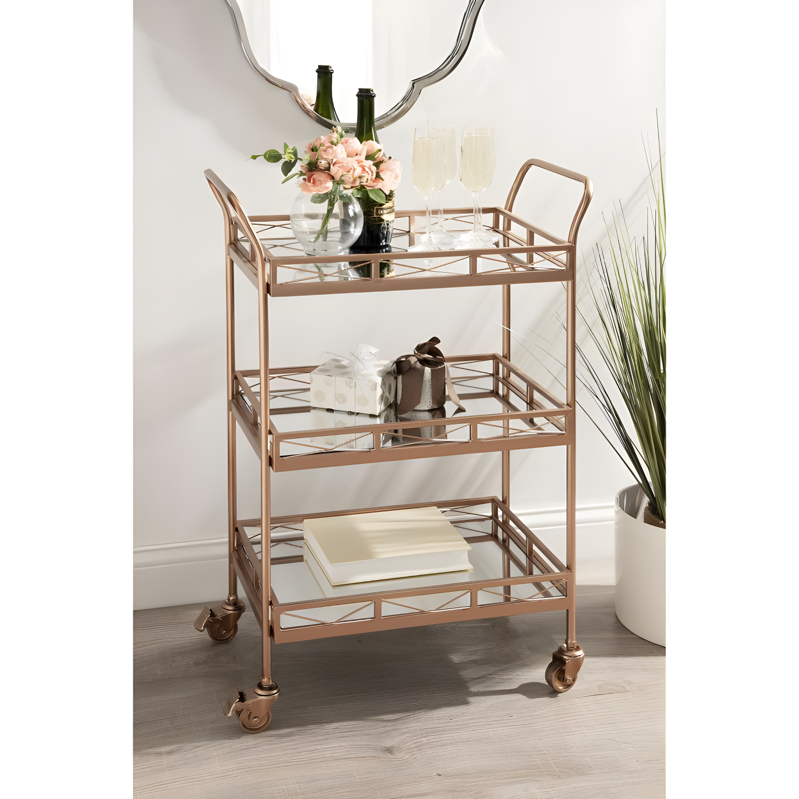 Kate and Laurel Ketia Rectangle Metal Bar Cart, 23x13x35, Rose Gold