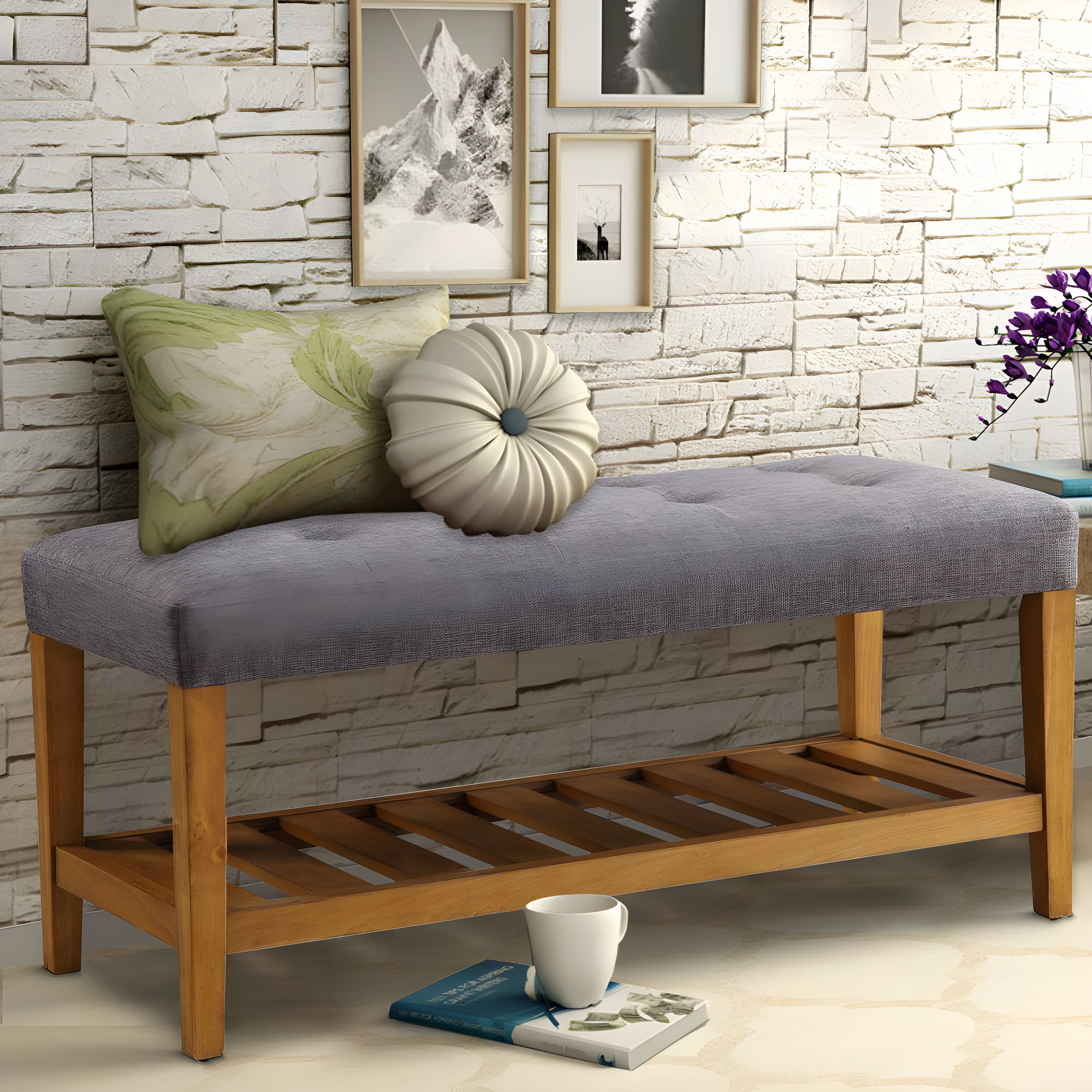 Benzara Wooden Bench, Gray & Oak
