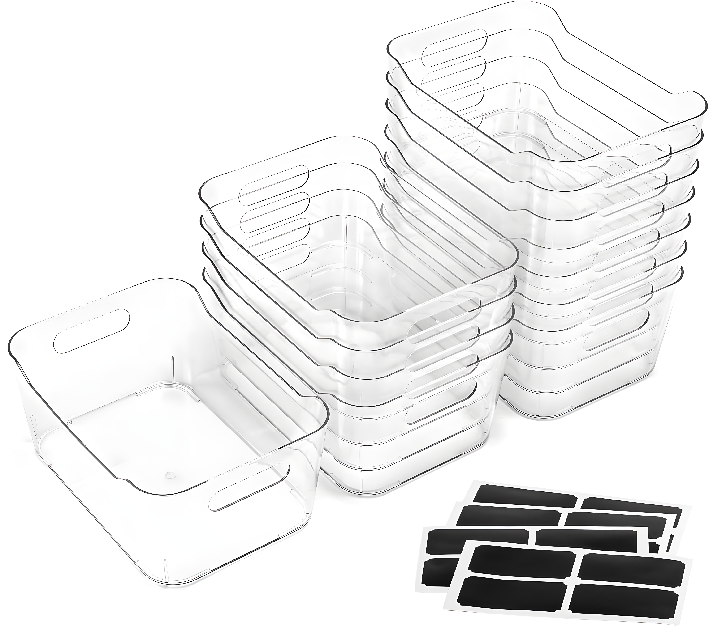 12 PACK Multi-Use Clear Plastic Storage Bins for Organizing w/ Labels - Home, Kitchen, Bathroom, Office, Pantry Cabinet Shelf Organizer Bins - SOHO Collection, RV, Fridge Organization Containers