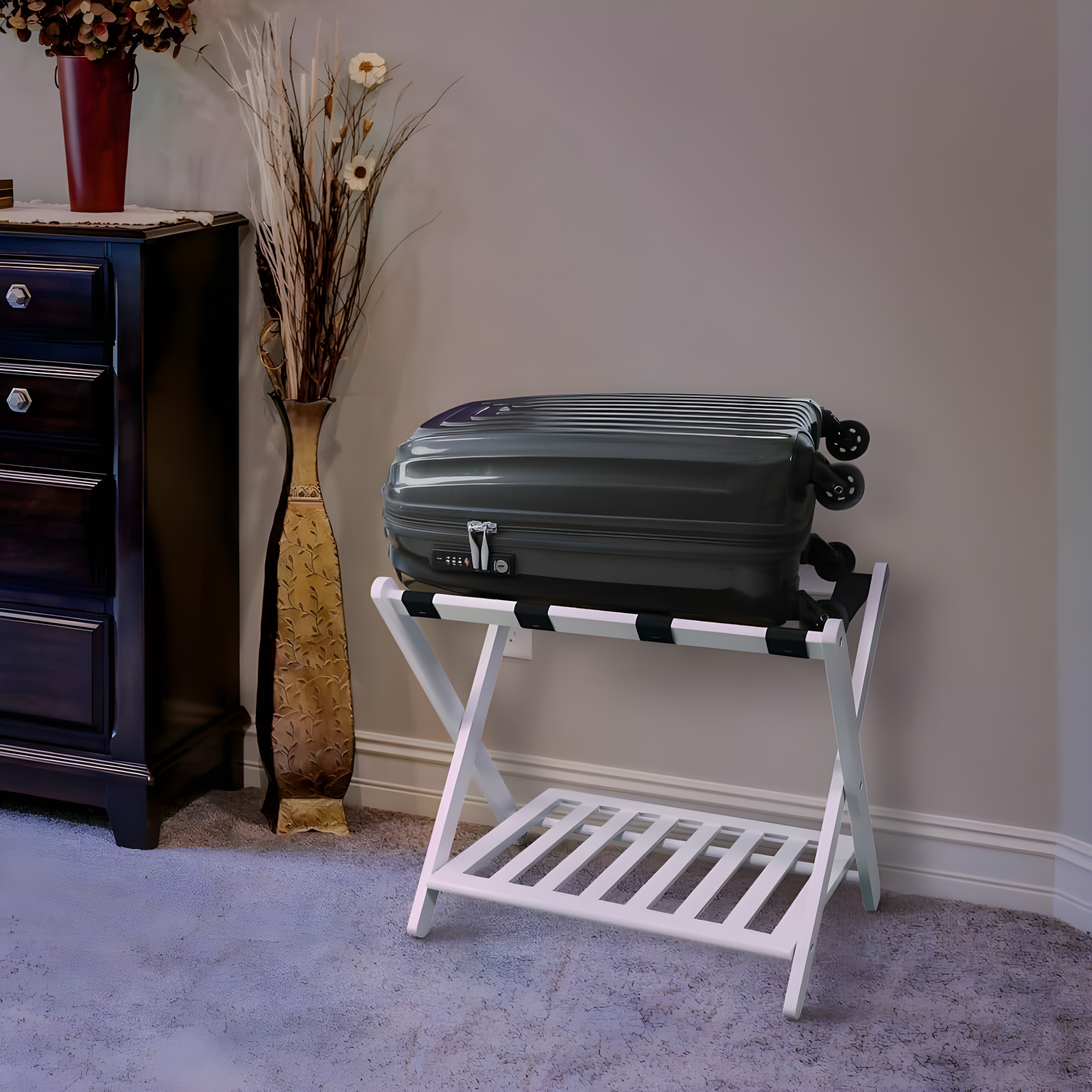 Luggage Rack with Shelf White : Hotel-Style, Folding, No Assembly Required