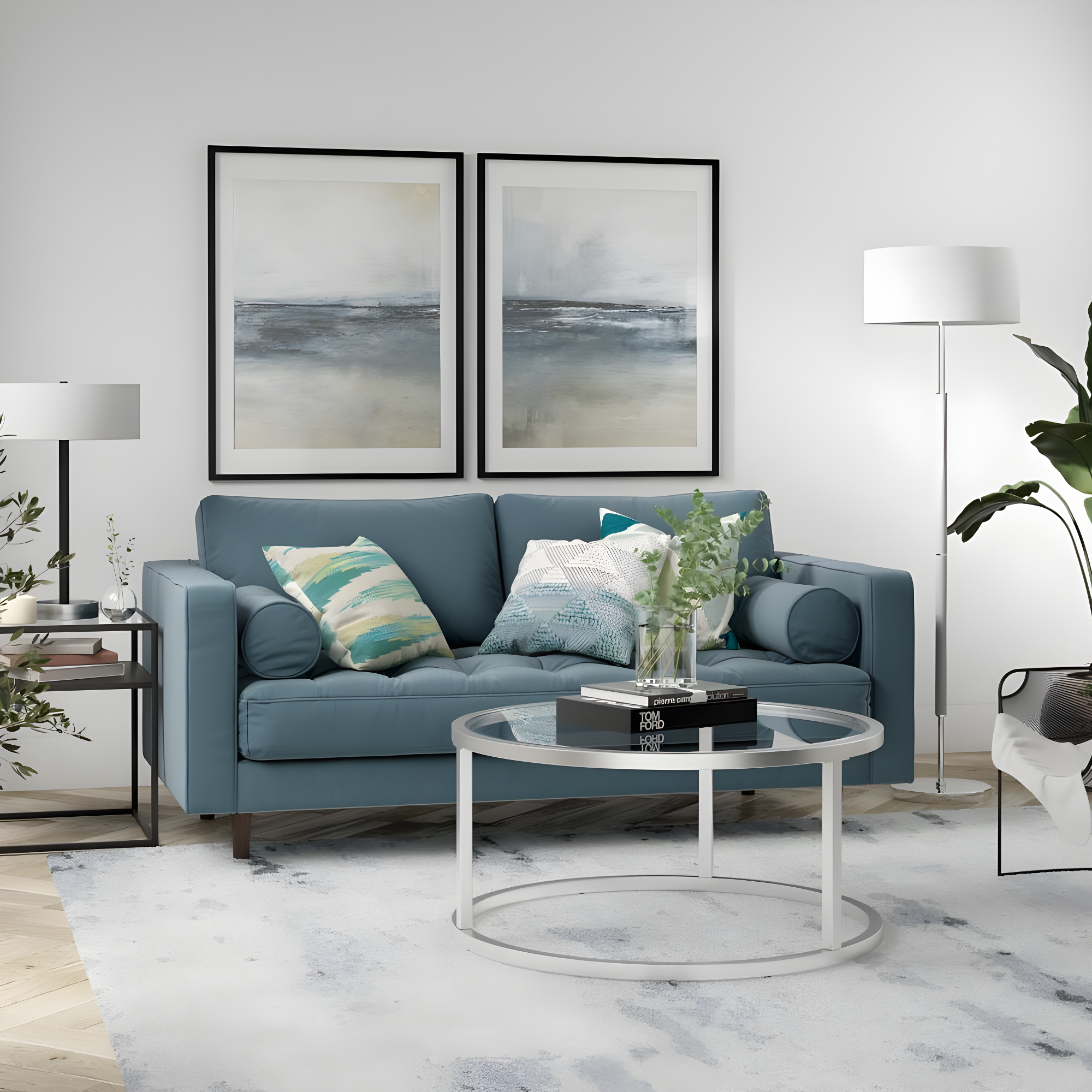 Evelyn&Zoe Simone 2-Light Floor Lamp with Fabric Shade, Cool Gray/Polished Nickel/White