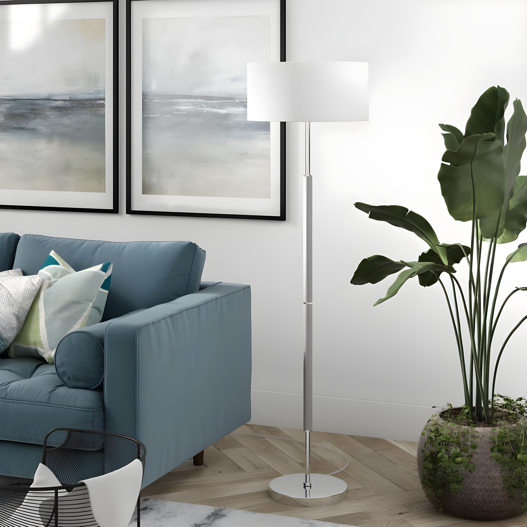 Evelyn&Zoe Simone 2-Light Floor Lamp with Fabric Shade, Cool Gray/Polished Nickel/White