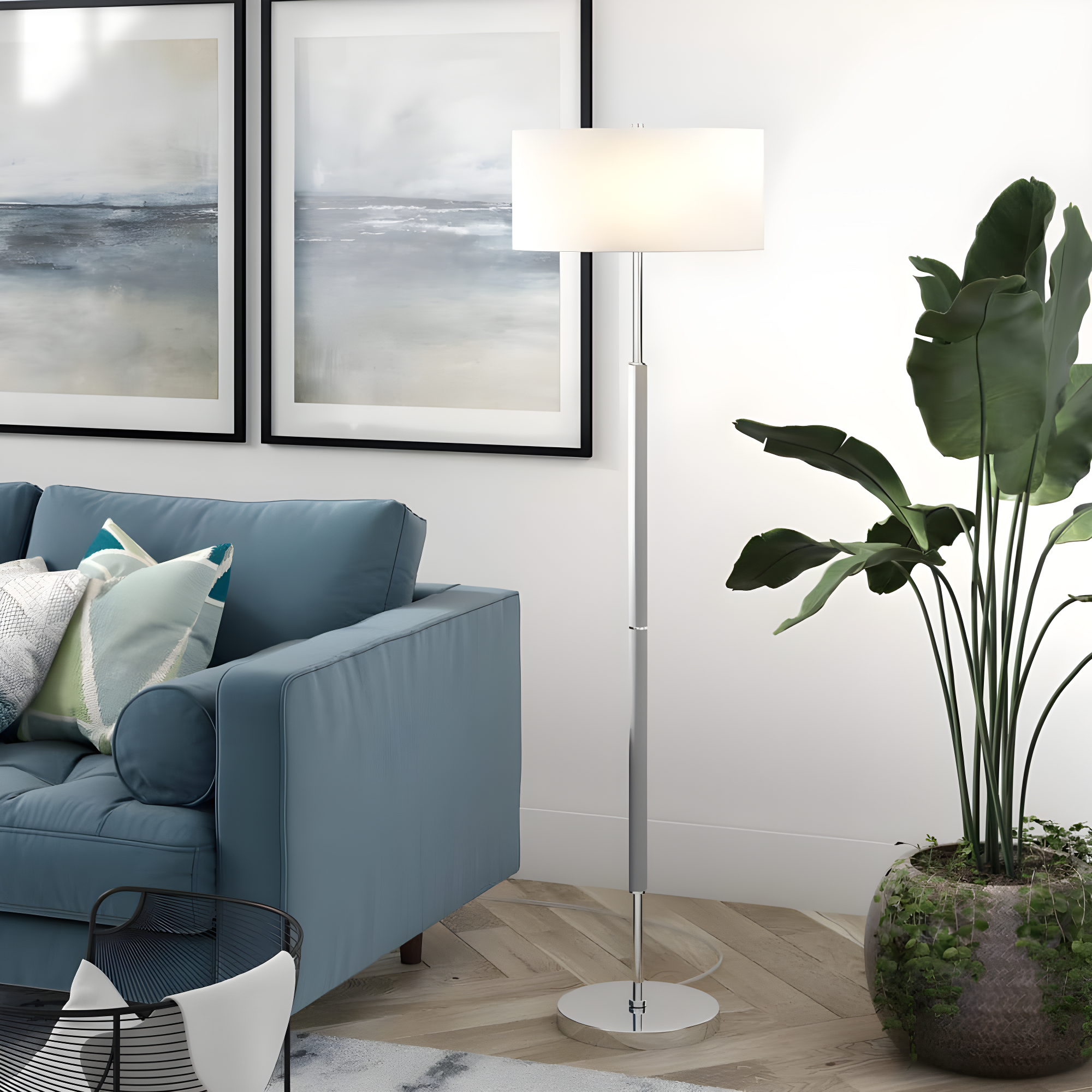 Evelyn&Zoe Simone 2-Light Floor Lamp with Fabric Shade, Cool Gray/Polished Nickel/White