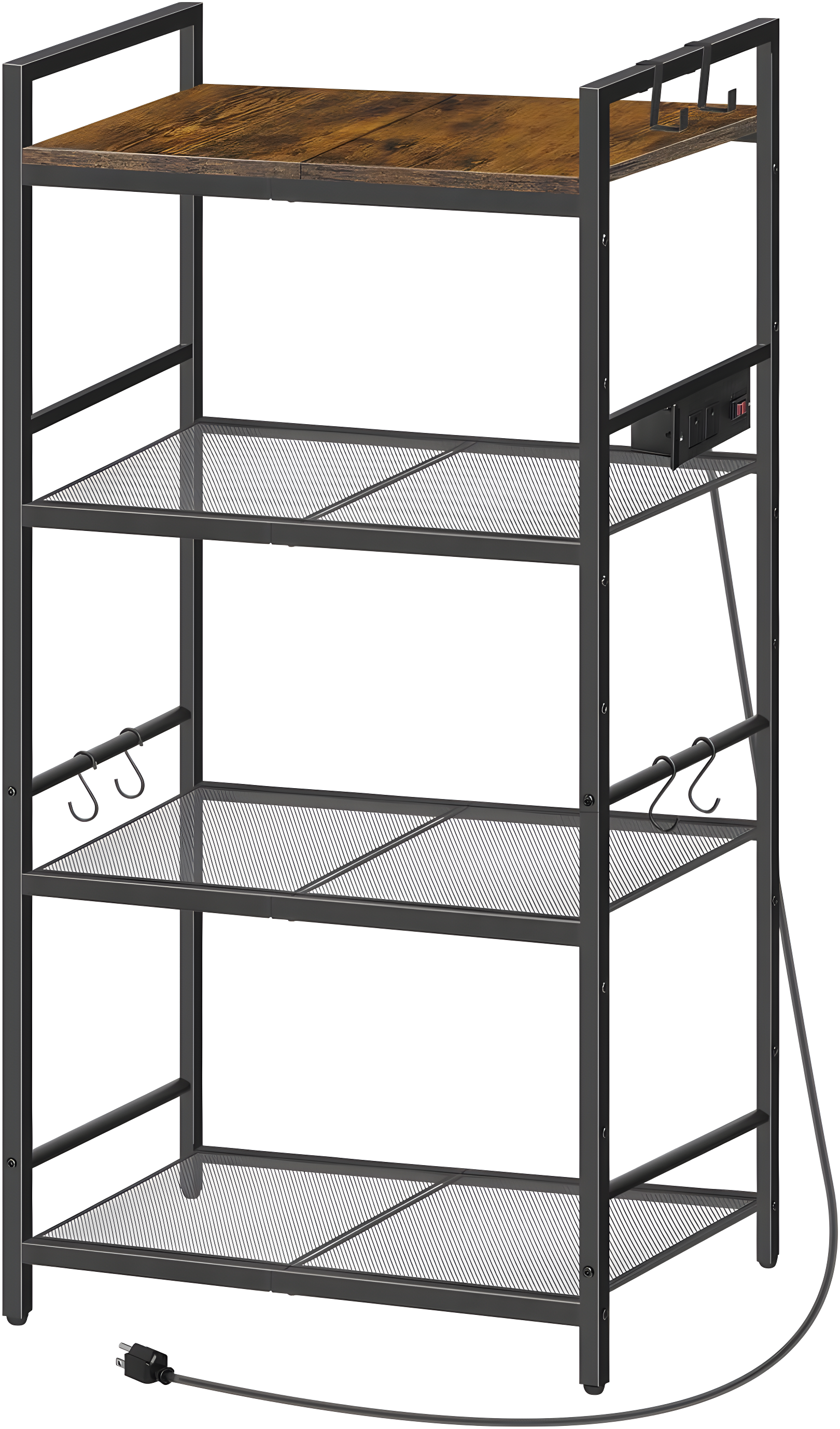 Bakers Rack with Power Outlet, Microwave Stand with Hooks, Multifunctional Storage Rack, Coffee Bar with Enclosure, Kitchen Storage Shelf, for Kitchen, Dining Room, Rustic Brown BRHR40E01N1