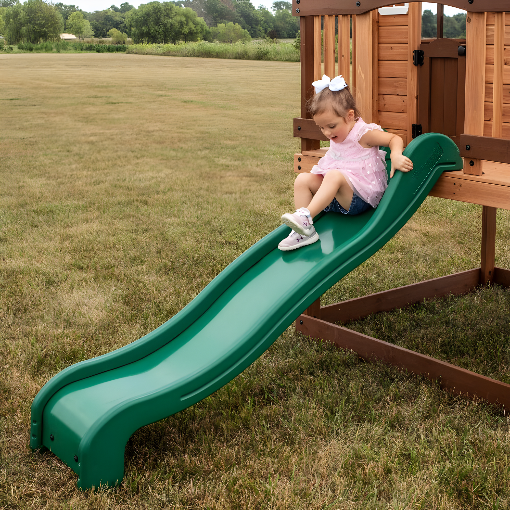 Backyard Discovery Echo Heights Cedar Wooden Elevated Playhouse, Slide, Play Kitchen