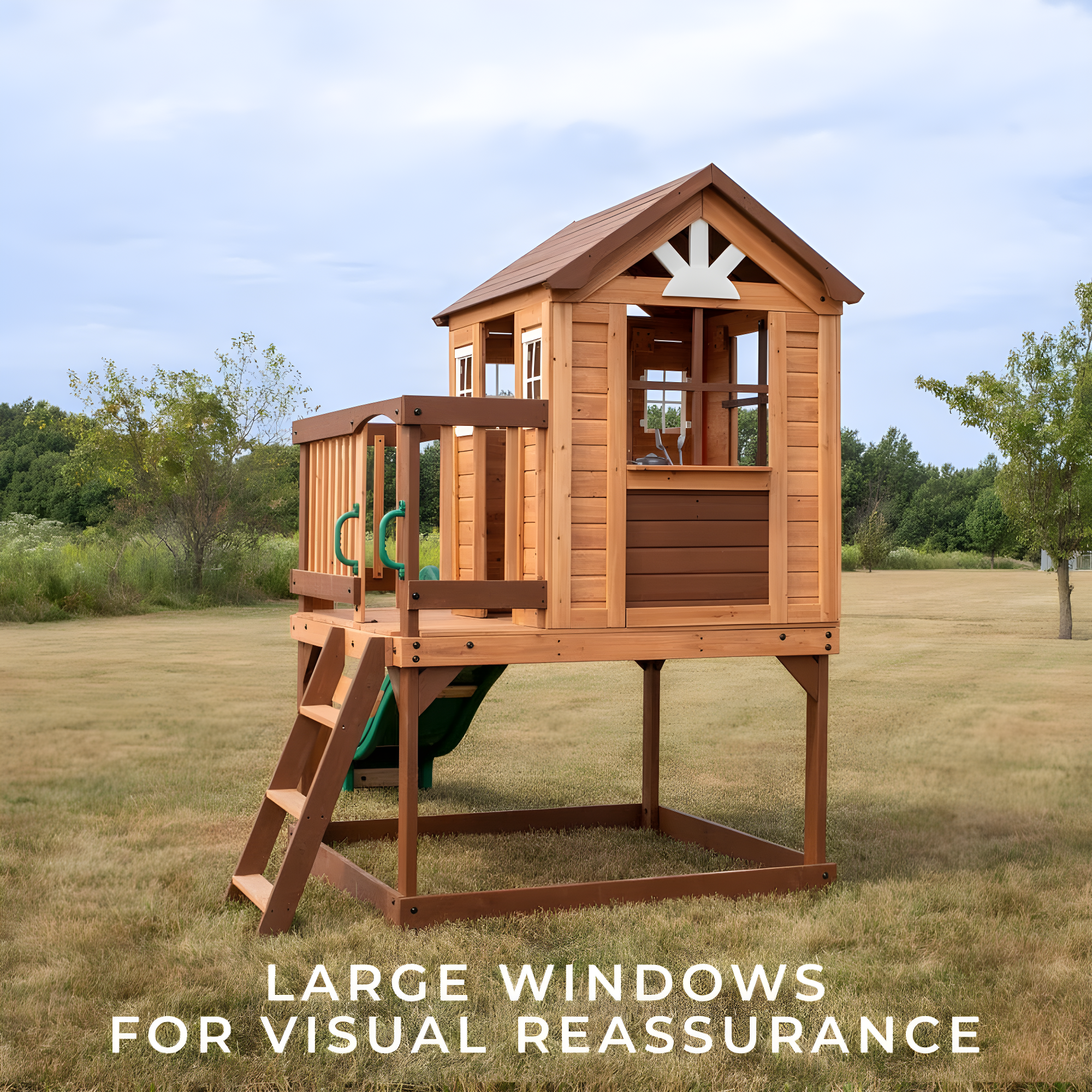 Backyard Discovery Echo Heights Cedar Wooden Elevated Playhouse, Slide, Play Kitchen