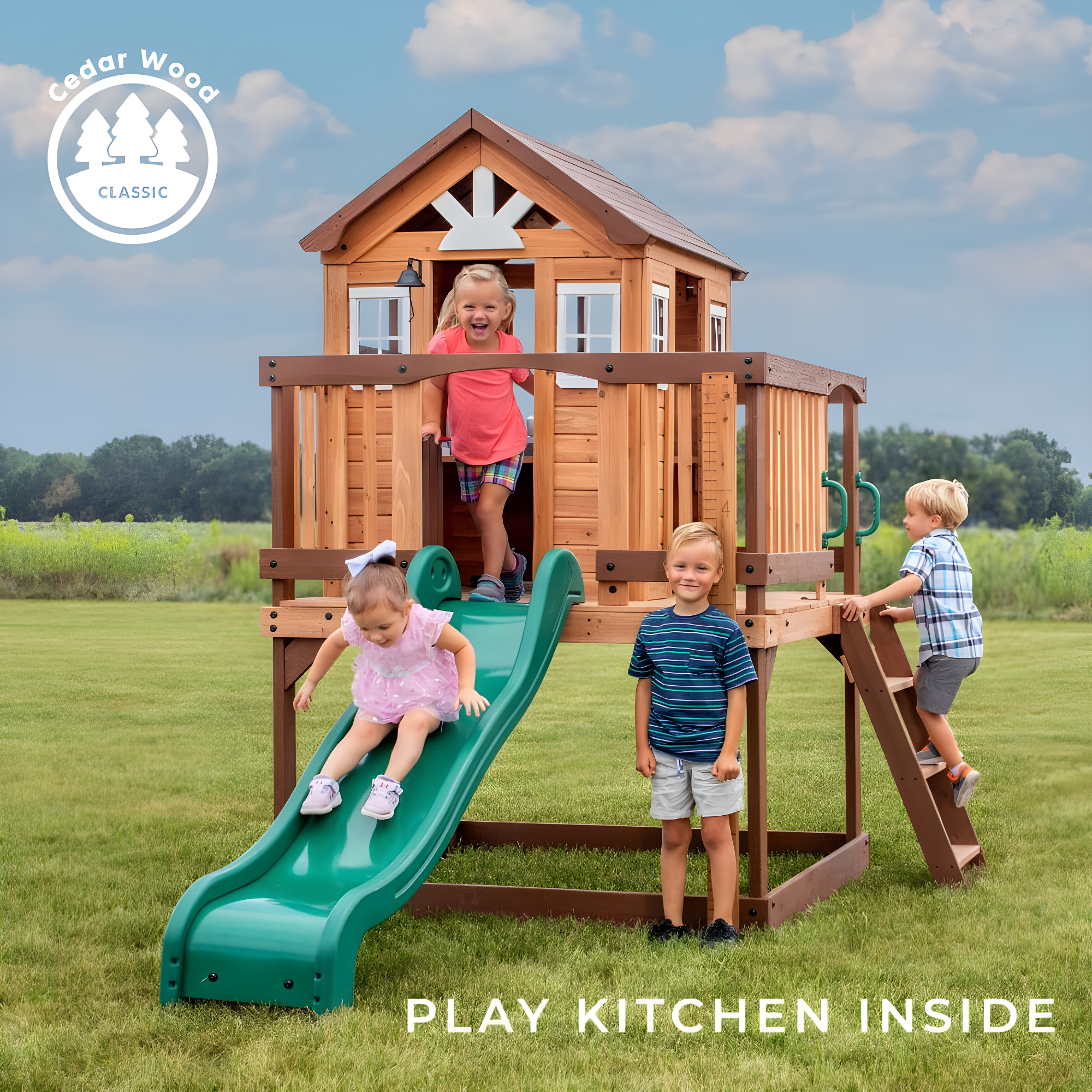 Backyard Discovery Echo Heights Cedar Wooden Elevated Playhouse, Slide, Play Kitchen