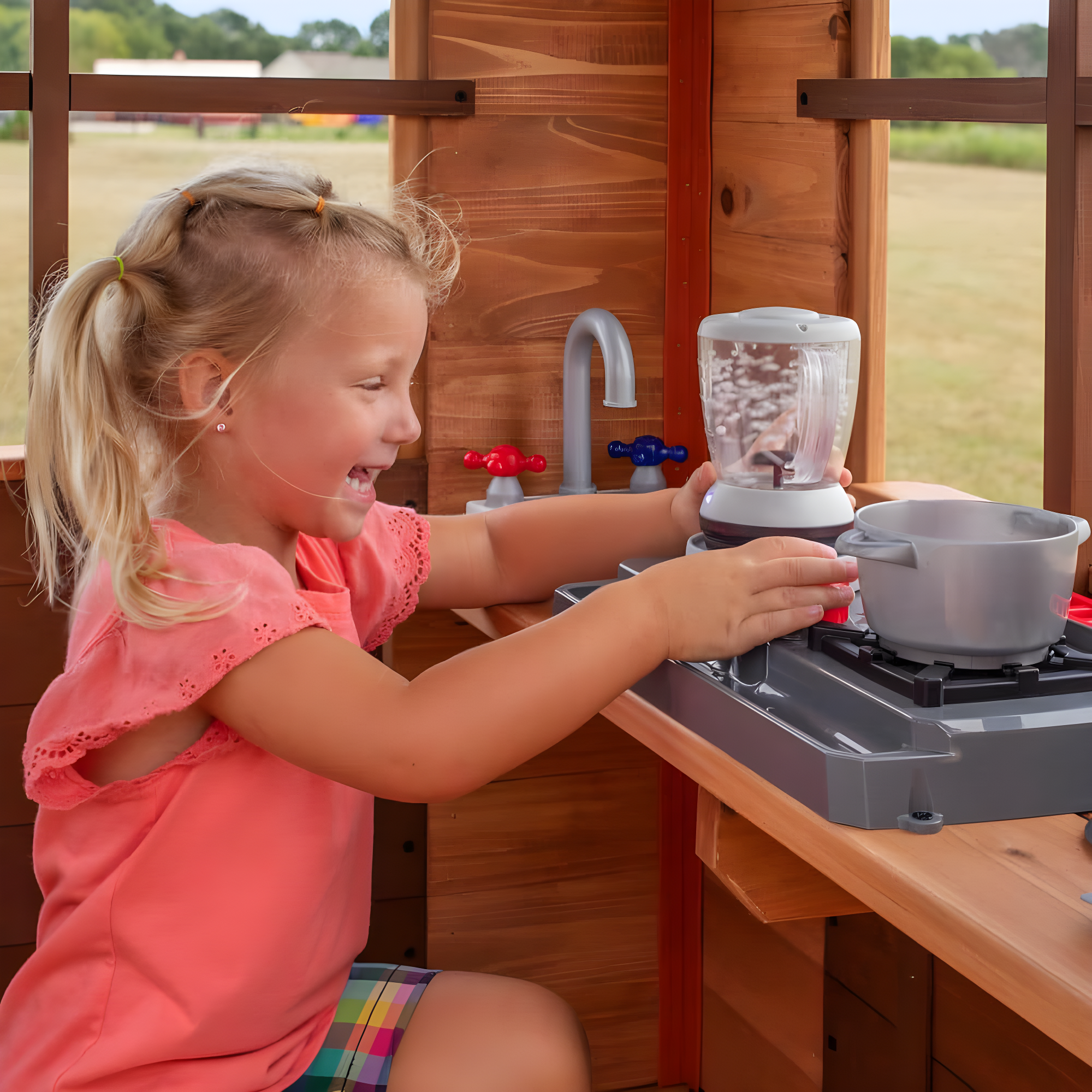 Backyard Discovery Echo Heights Cedar Wooden Elevated Playhouse, Slide, Play Kitchen