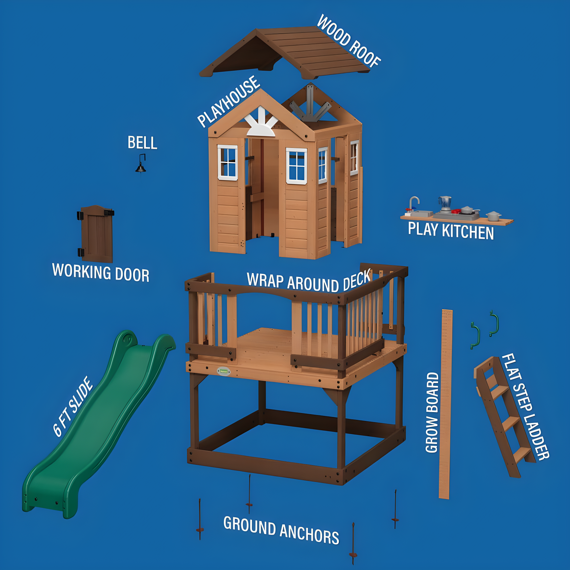 Backyard Discovery Echo Heights Cedar Wooden Elevated Playhouse, Slide, Play Kitchen