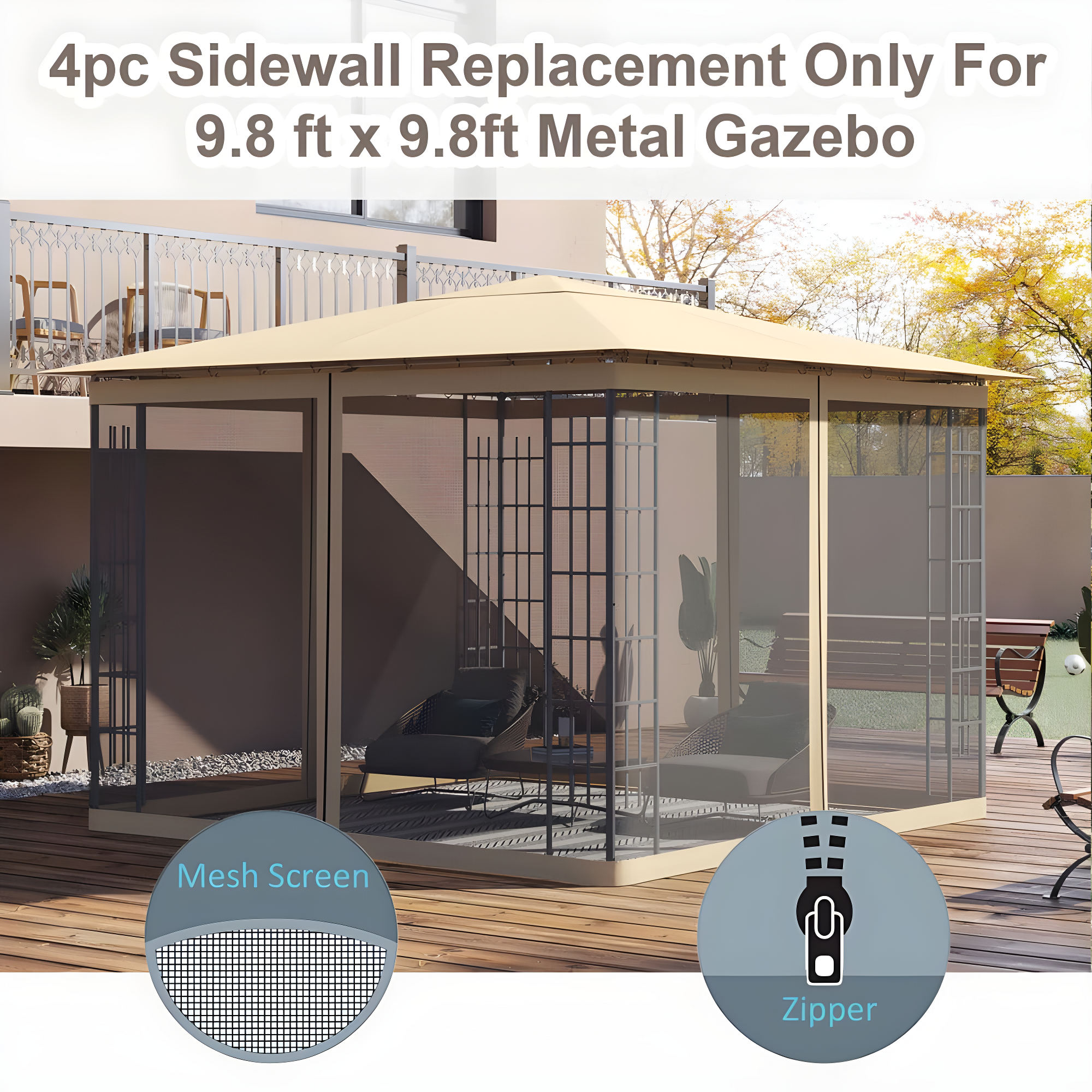 Outsunny 10' x 10' Replacement Mesh Sidewall Netting for Patio Gazebos and Canopy Tents with Zippers (Sidewall Only), Beige