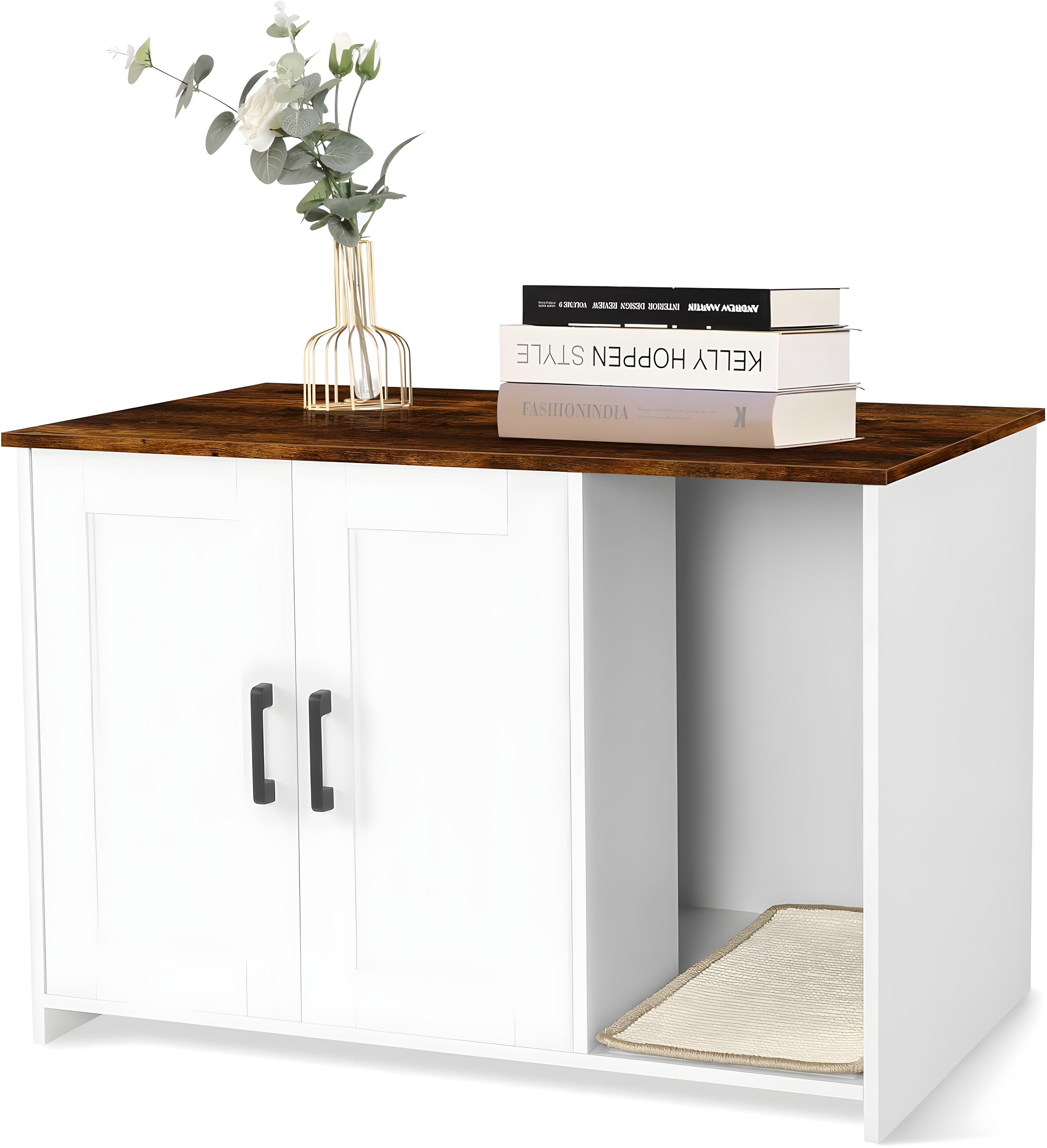 Litter Box Enclosure, Cat Litter Box Furniture Hidden, With Scratching Mat, Wooden Cat Washroom Indoor, Fit Most Of Litter Box, 31.5" L X 19.7" W X 21.7" H, White + Warm Brown