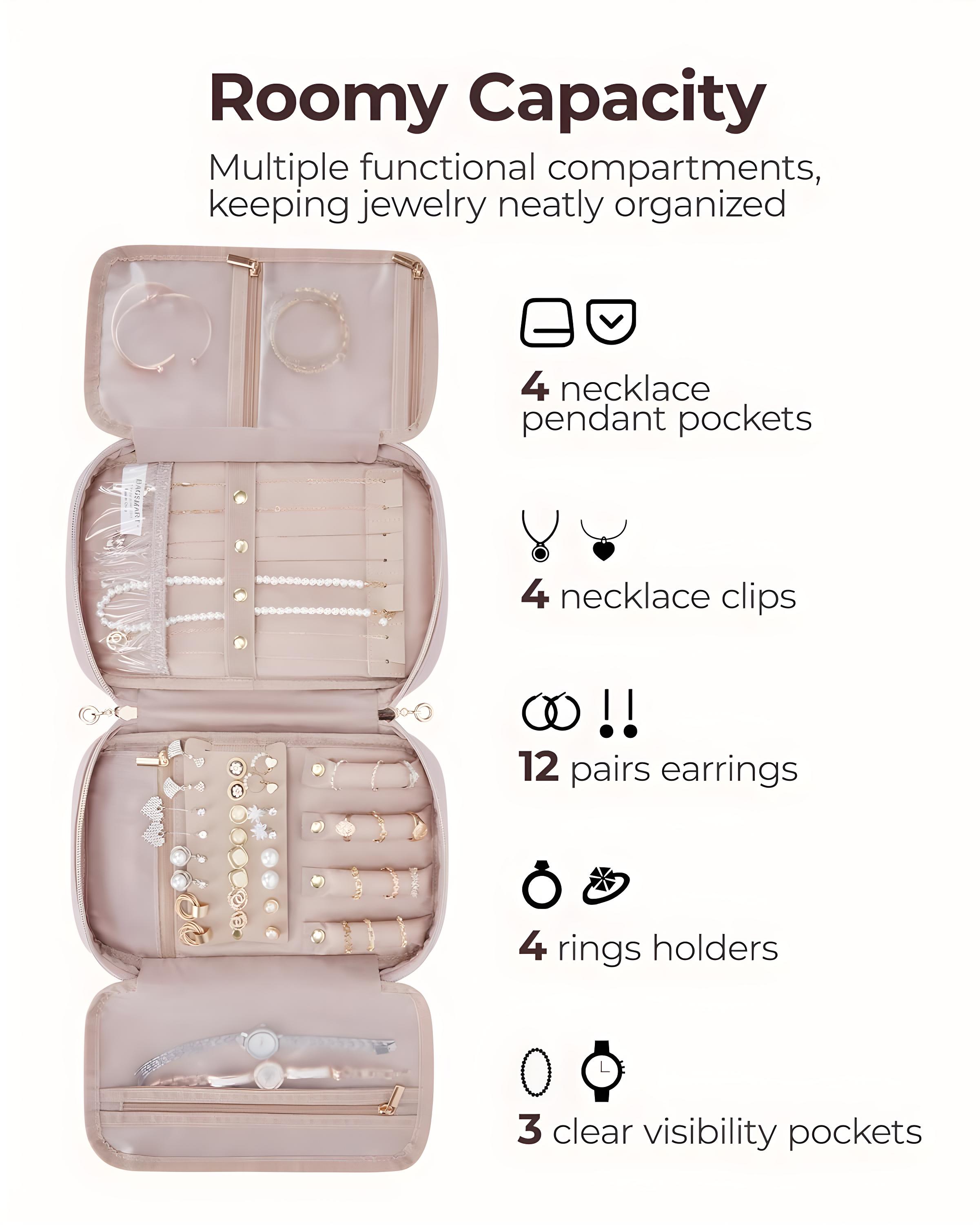 Jewelry Organizer Case Travel Jewelry Storage Bag for Necklace, Earrings, Rings, Bracelet, Soft Pink