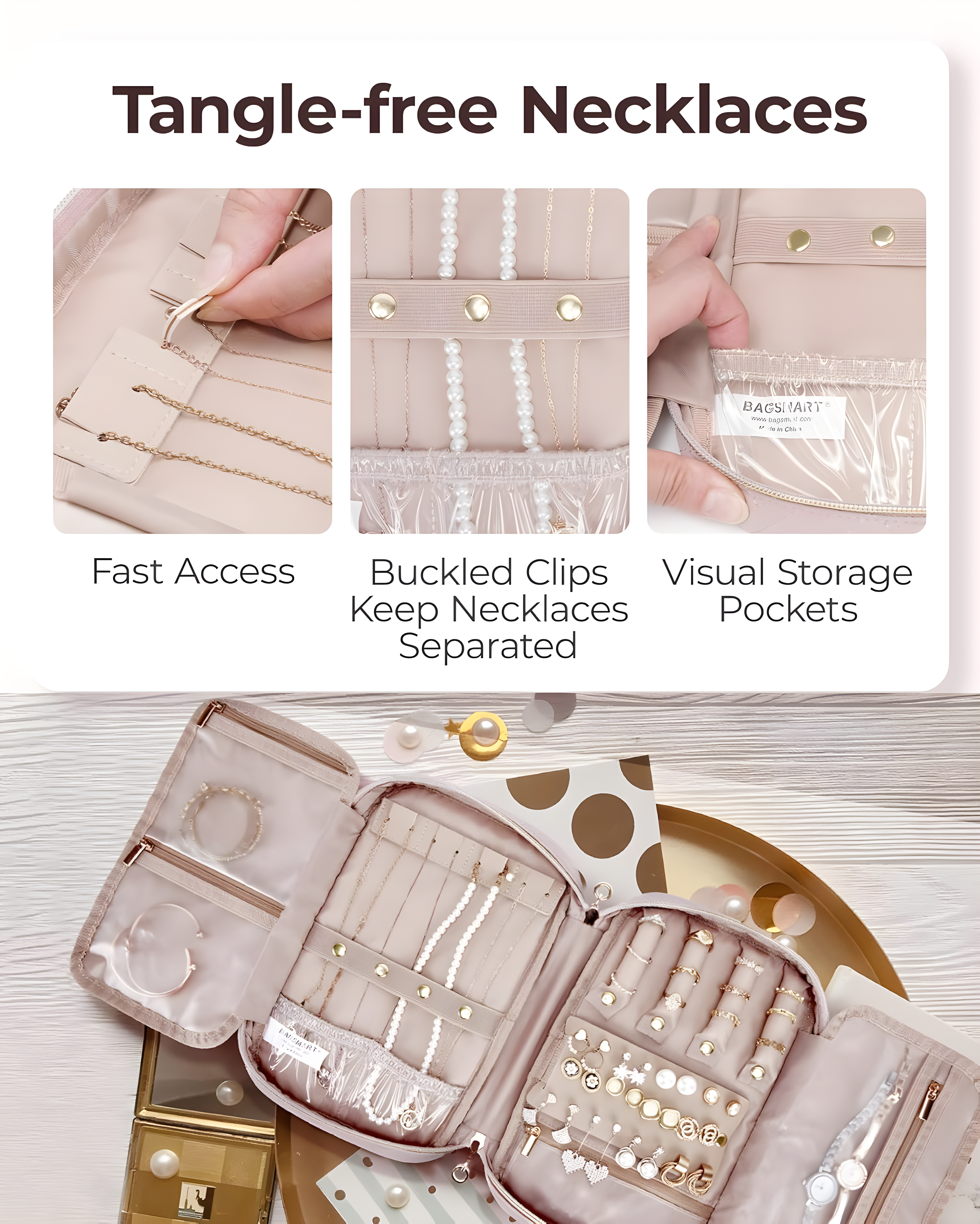 Jewelry Organizer Case Travel Jewelry Storage Bag for Necklace, Earrings, Rings, Bracelet, Soft Pink