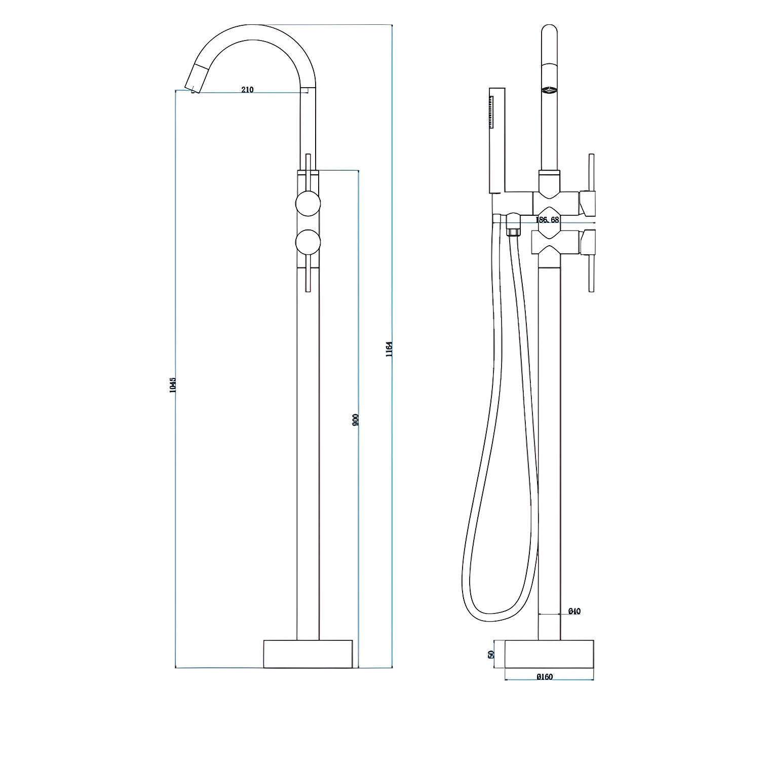 Double Handle Floor Mounted Freestanding Tub Filler With Handshower
