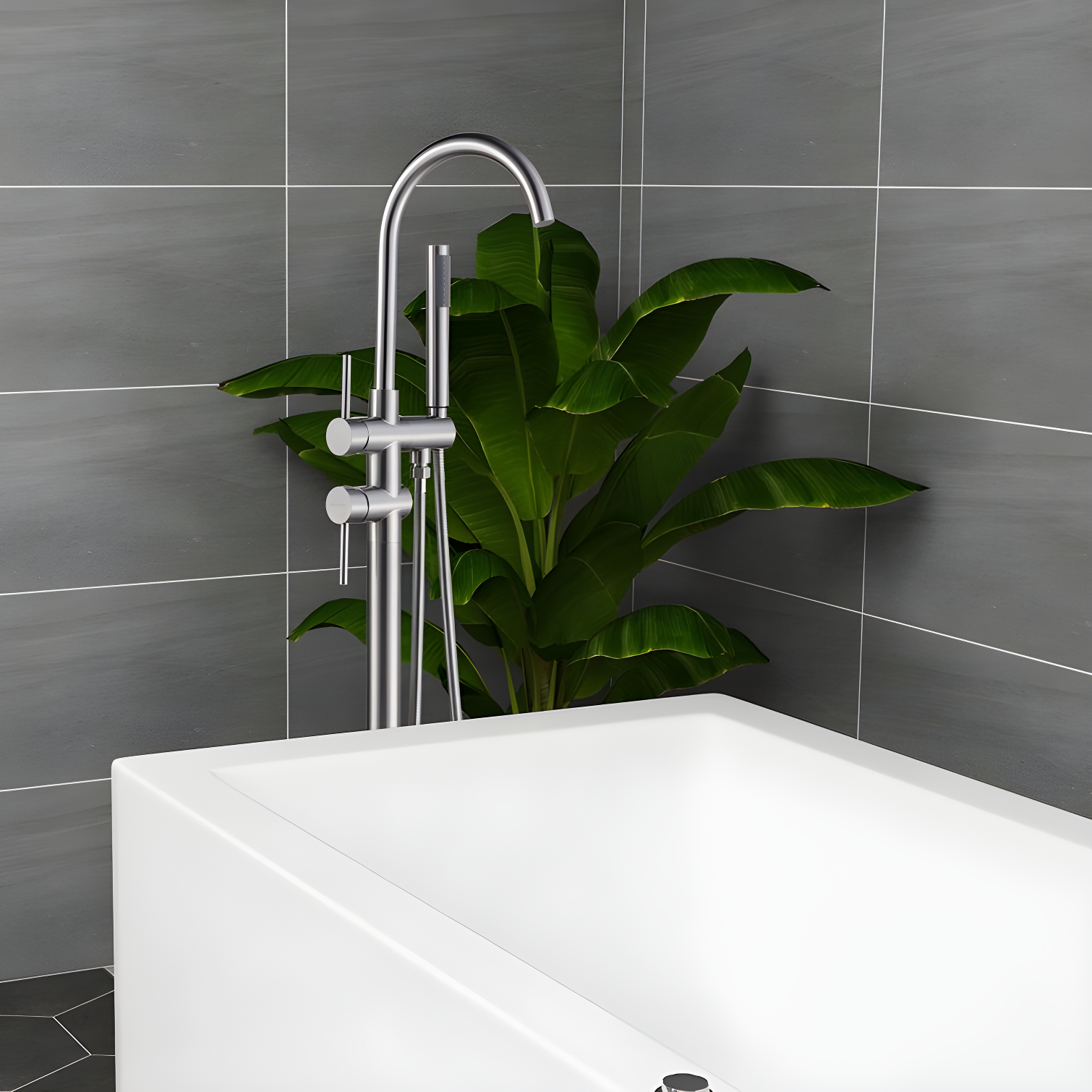 Double Handle Floor Mounted Freestanding Tub Filler With Handshower