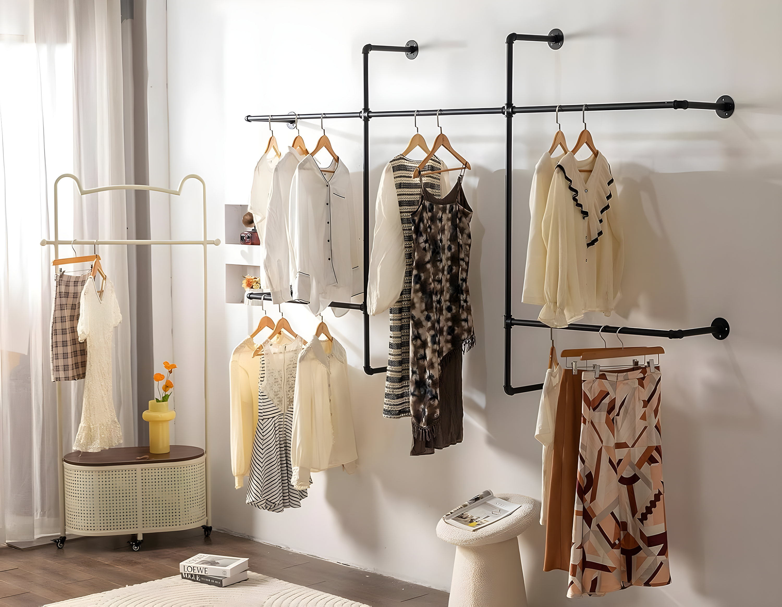 Industrial Pipe Clothes Rack Wall Mounted Clothing Rack,Heavy Duty Iron Pipe Garment Rods,Detachable Multi-Purpose Clothing Hanging Rod/Garment Bar, Black