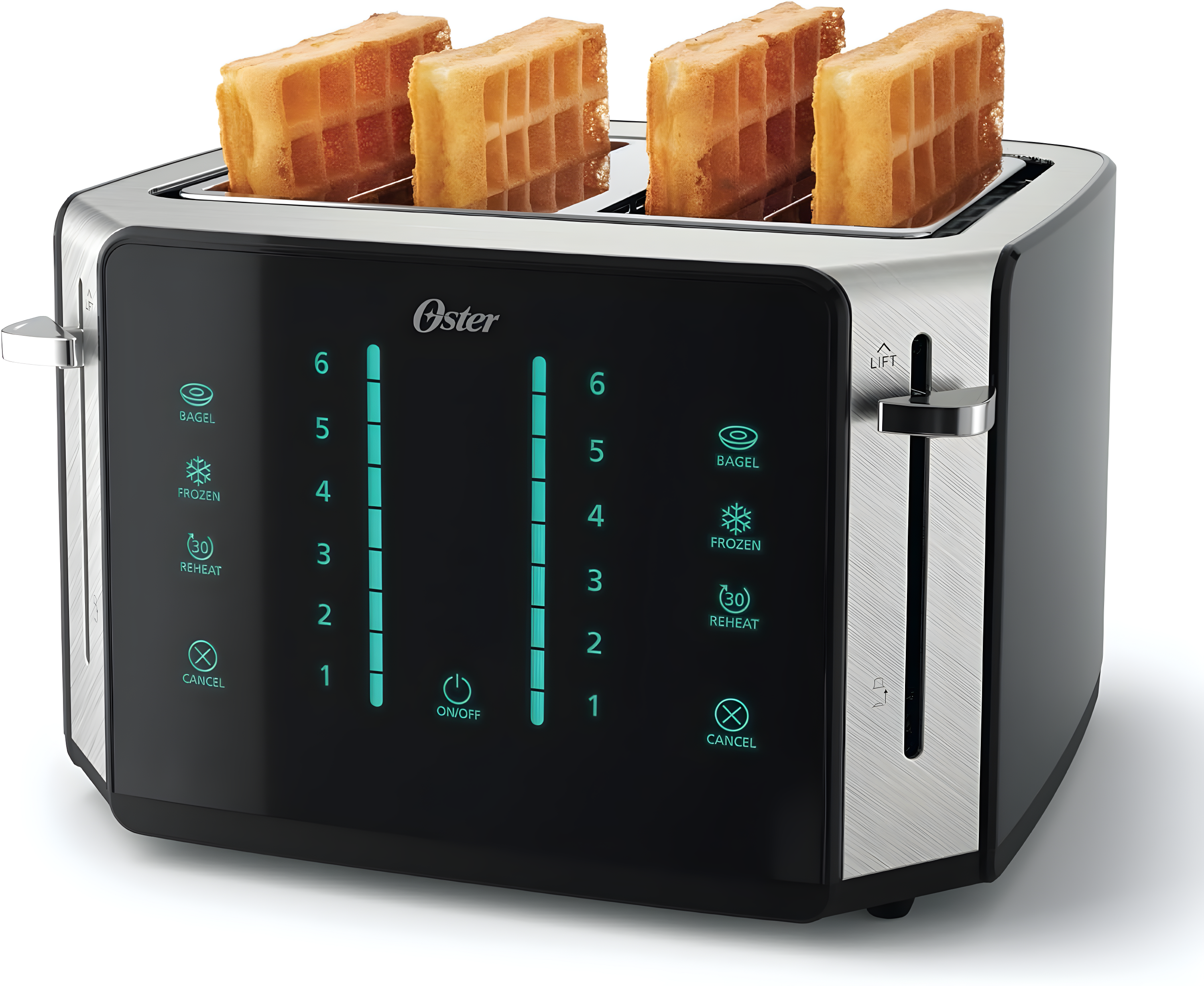 Oster 4-Slice Toaster Touch Screen Stainless Steel Digital Timer 6 Shade Settings Easy to Clean Removable Crumb Tray