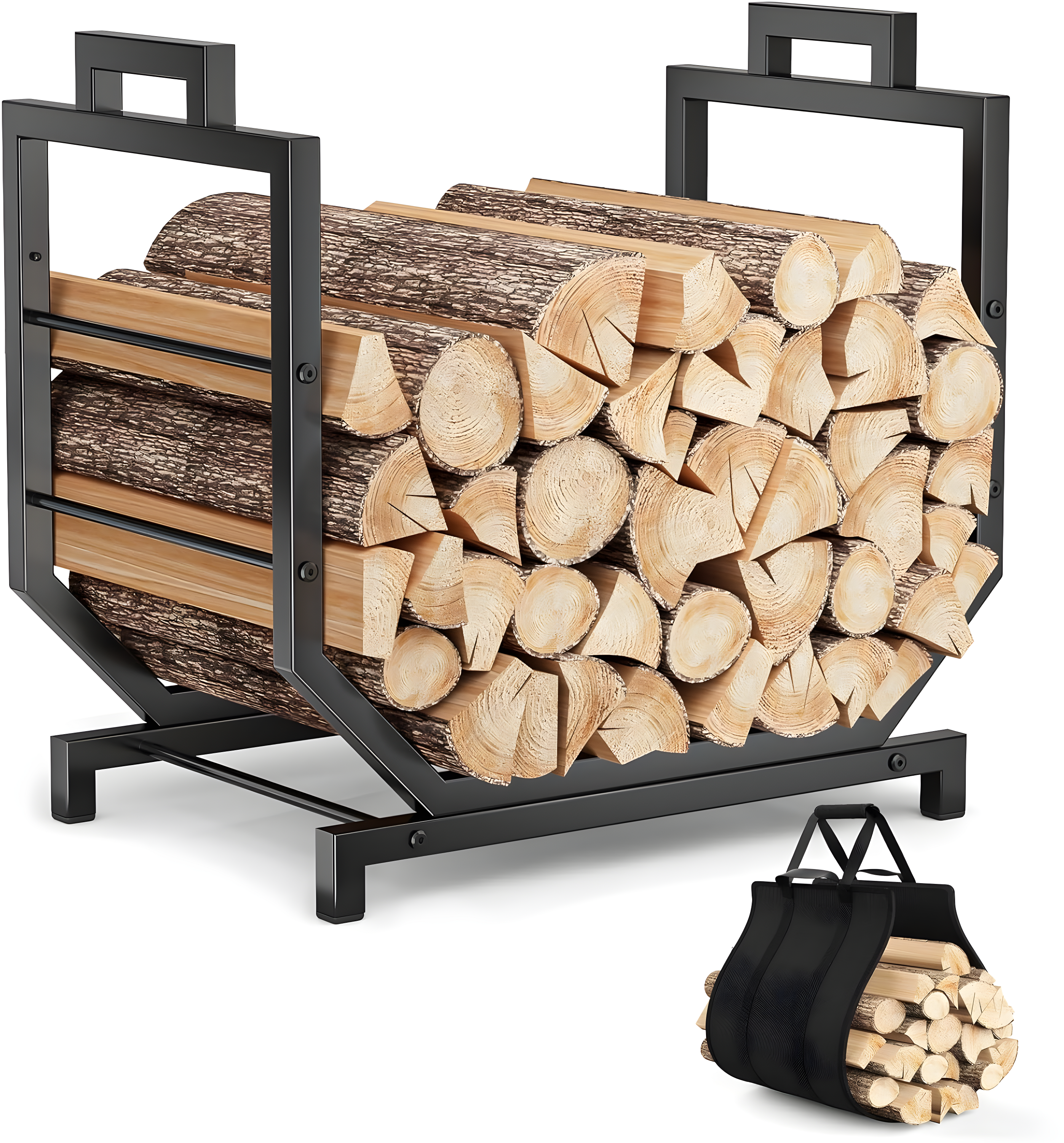 Heavy Duty Black Metal Firewood Holder With Removable Carrier For Indoor/Outdoor Wood Storage