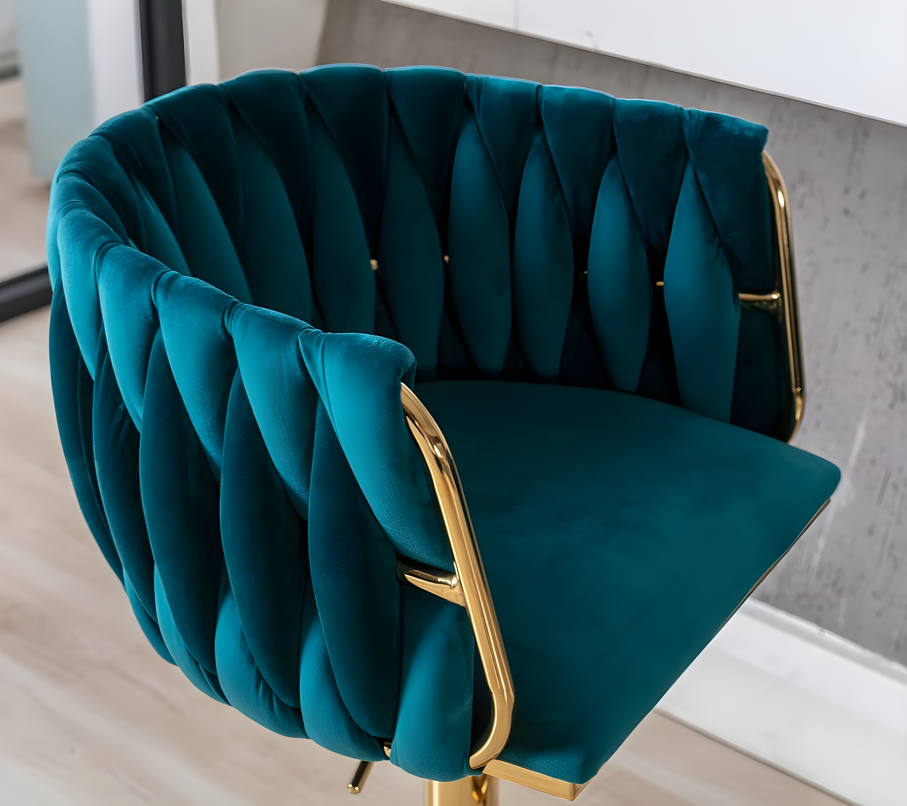 Everly Quinn Swivel Adjustable Height Bar Stool Modern Velvet Barstool with Barrel Back Kitchen Island Counter Bar Chair with Golden Base