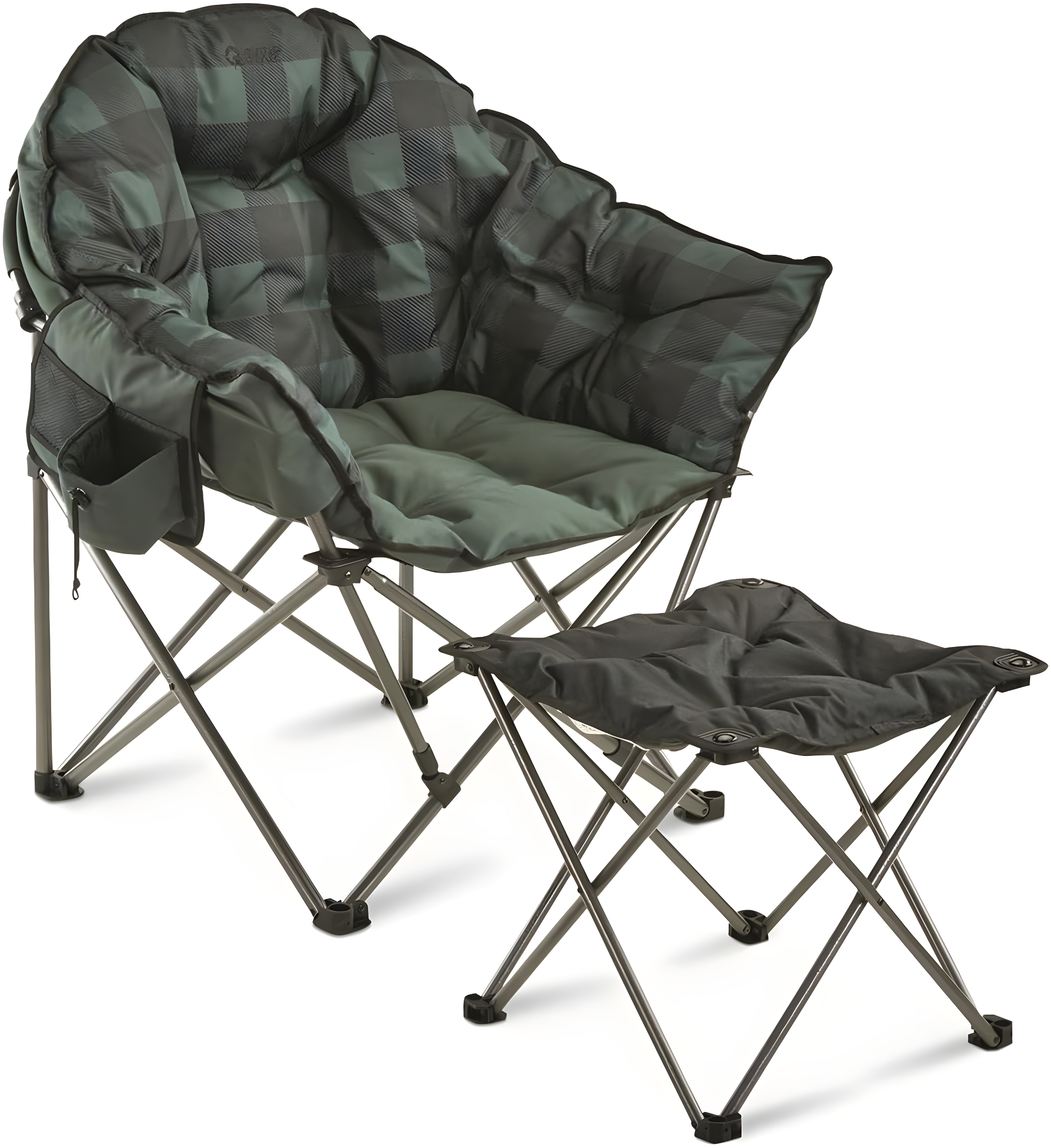 Oversized Green Plaid Steel Frame Camping Chair with Arms