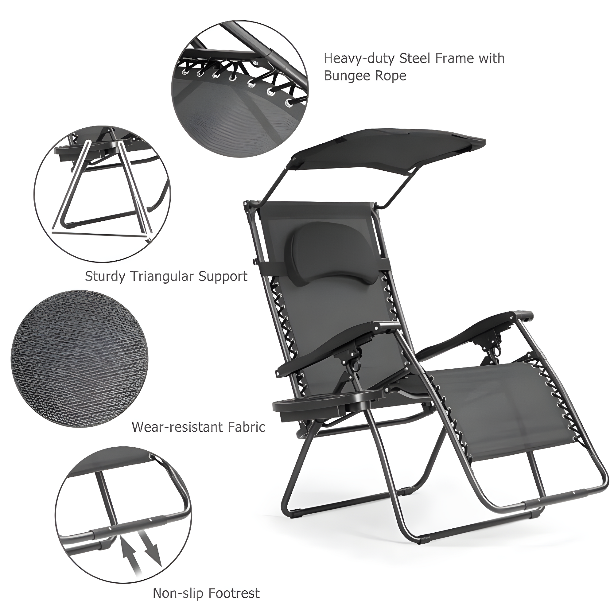 Arlmont & Co. Outdoor Folding Recliner Lounge Chair with Shade Canopy And Cup Holder
