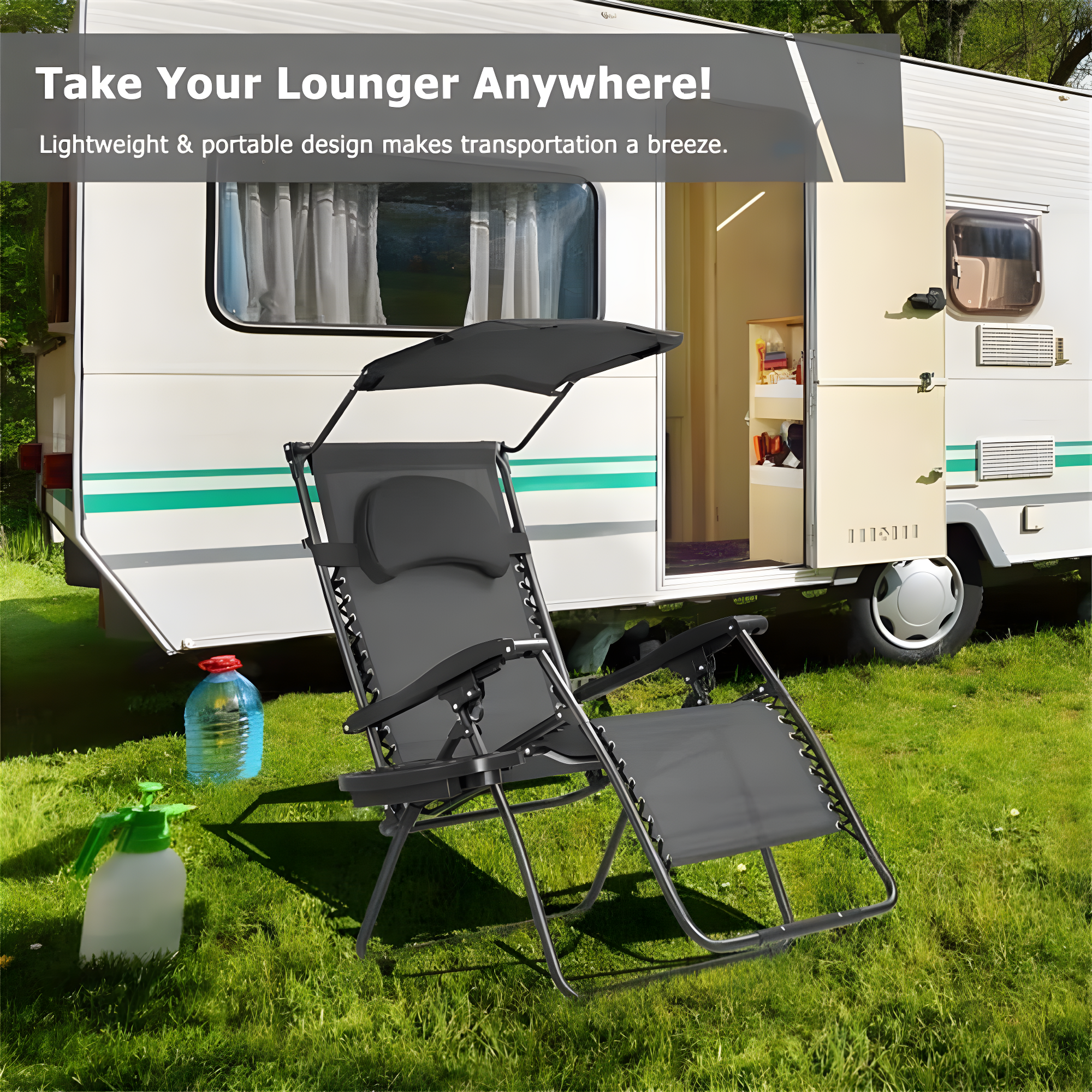 Arlmont & Co. Outdoor Folding Recliner Lounge Chair with Shade Canopy And Cup Holder