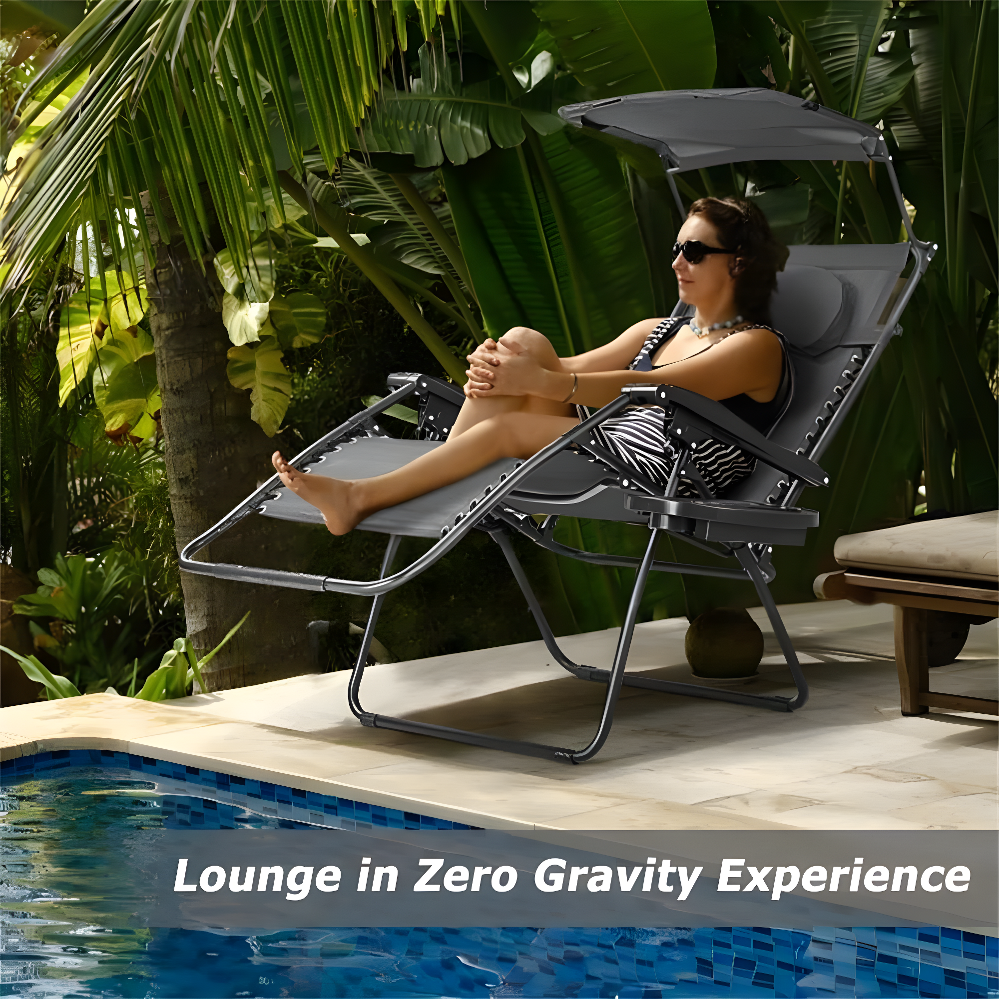 Arlmont & Co. Outdoor Folding Recliner Lounge Chair with Shade Canopy And Cup Holder