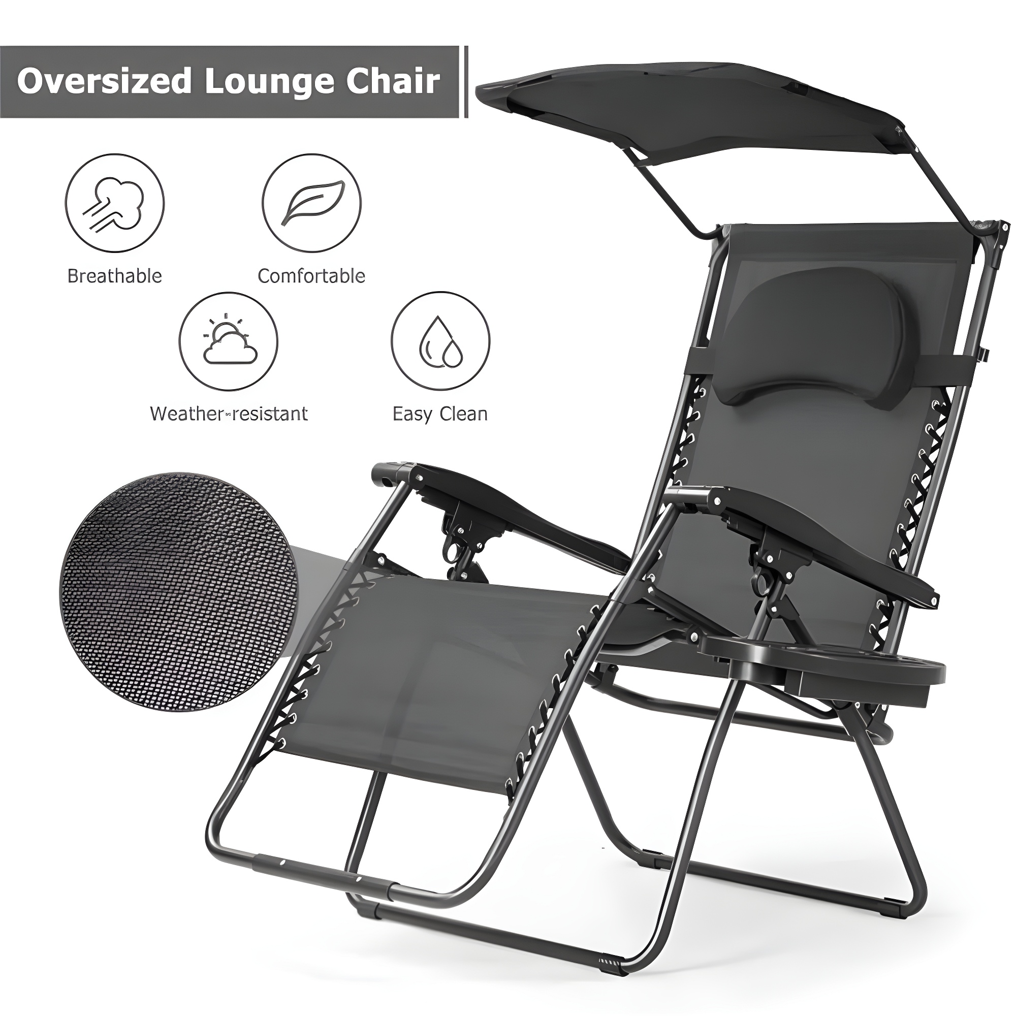 Arlmont & Co. Outdoor Folding Recliner Lounge Chair with Shade Canopy And Cup Holder