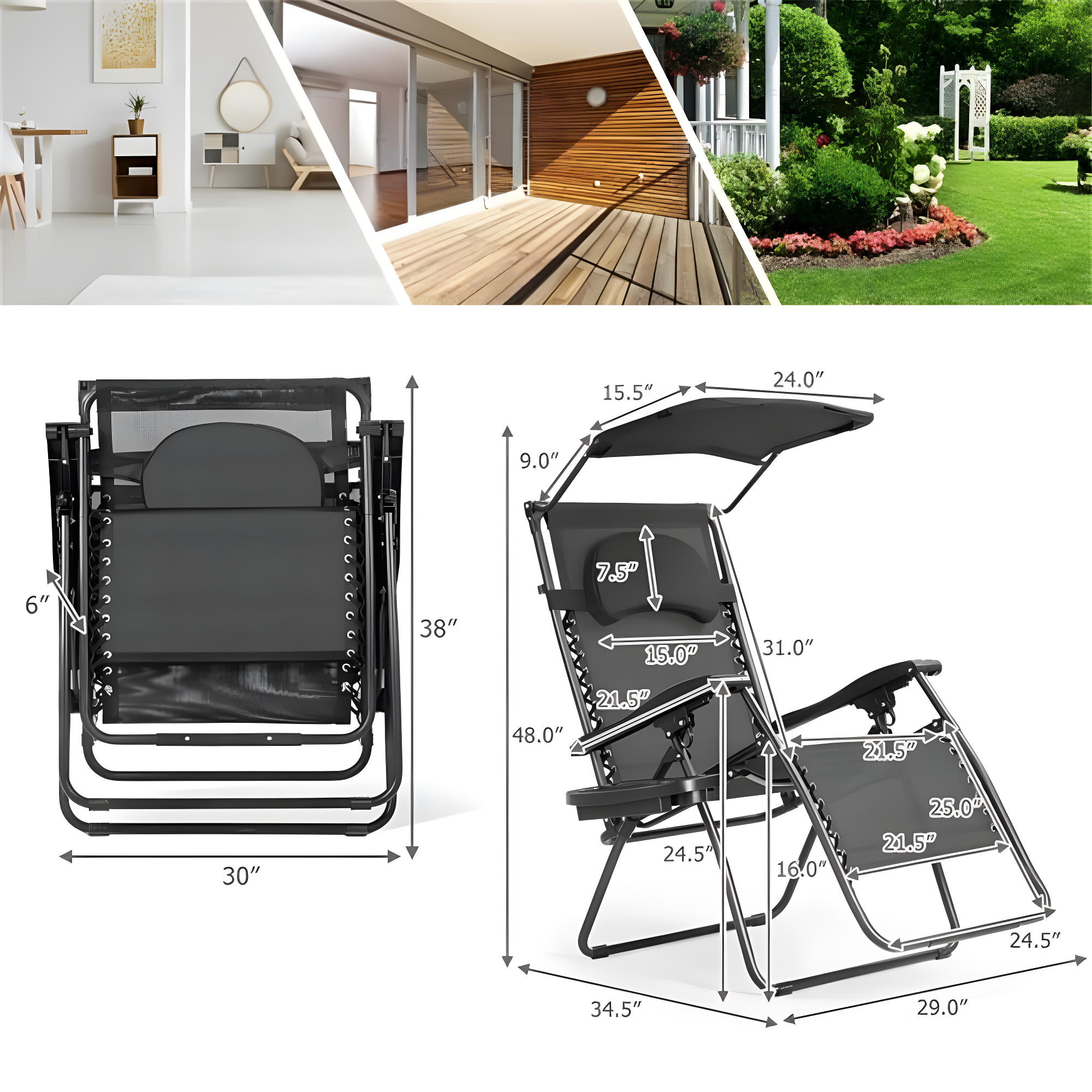 Arlmont & Co. Outdoor Folding Recliner Lounge Chair with Shade Canopy And Cup Holder