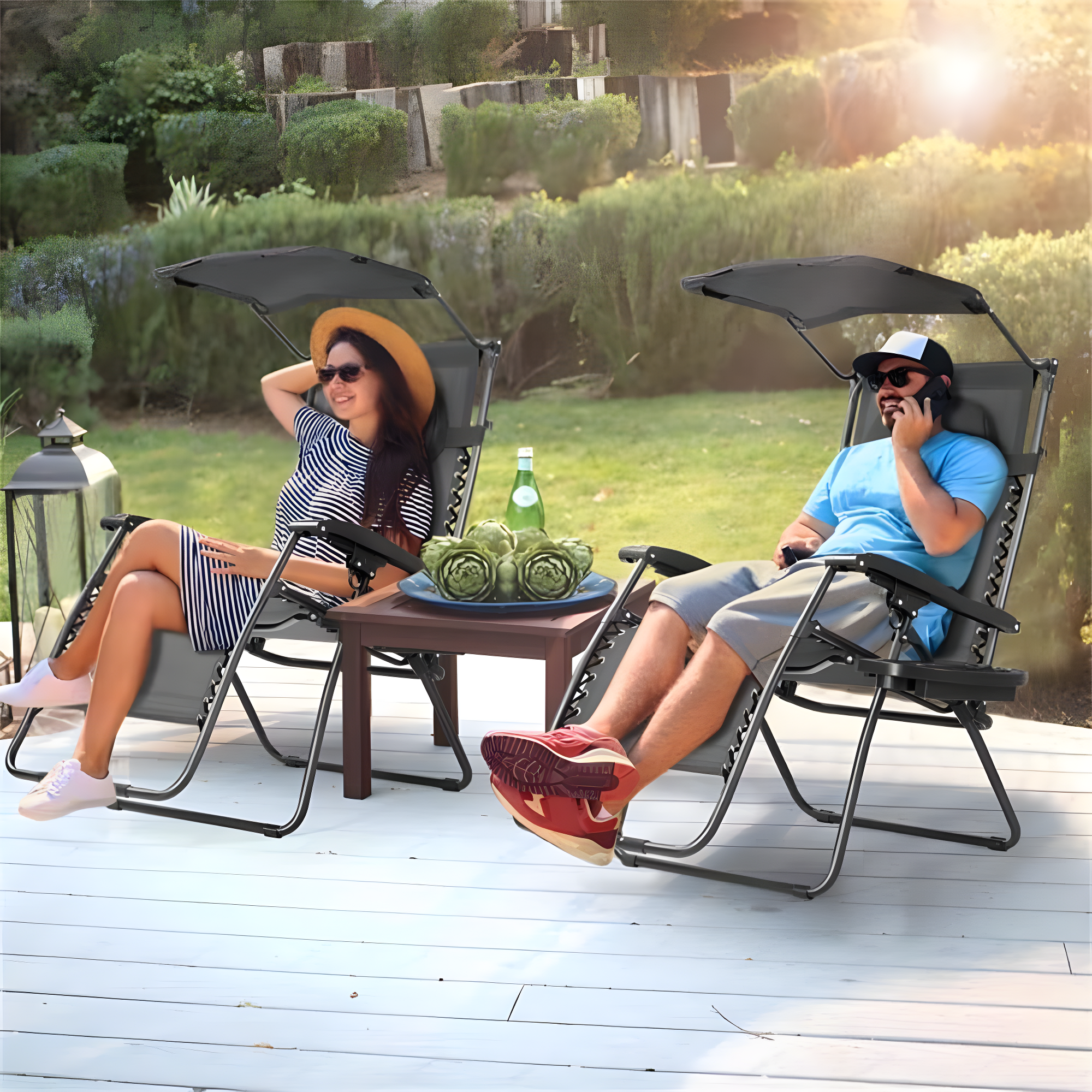 Arlmont & Co. Outdoor Folding Recliner Lounge Chair with Shade Canopy And Cup Holder