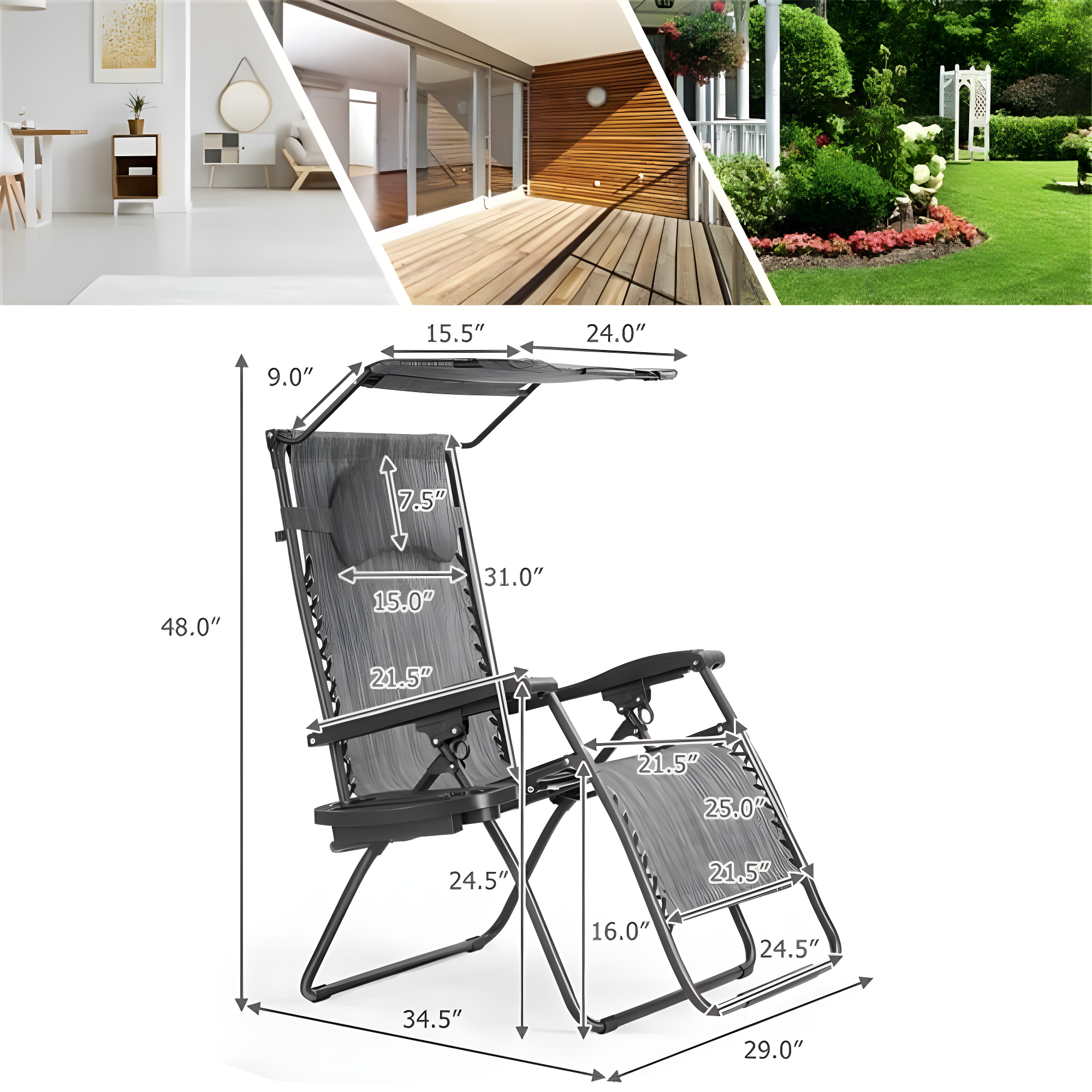 Arlmont & Co. Outdoor Folding Recliner Lounge Chair with Shade Canopy And Cup Holder