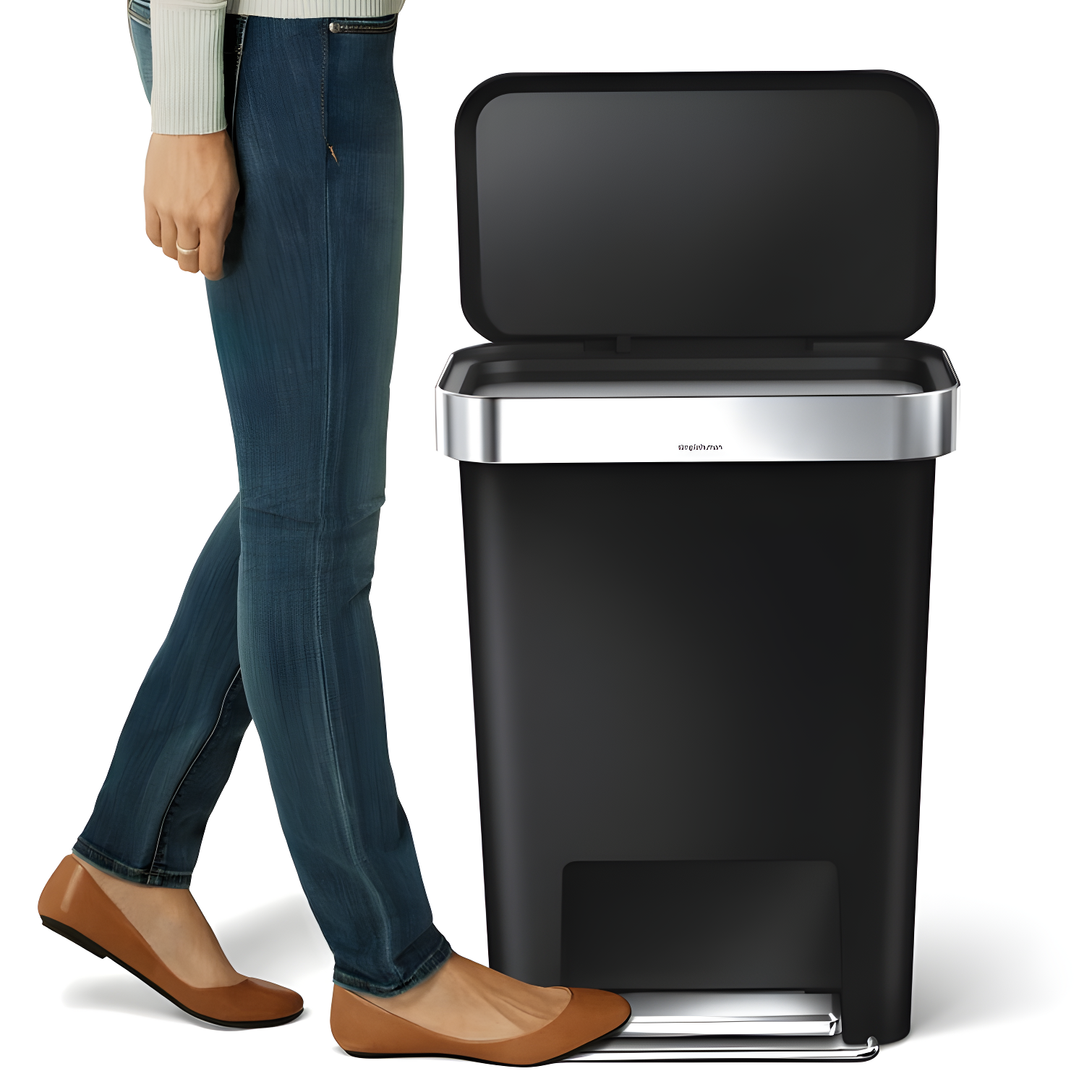 Simplehuman 45 Liter Rectangular Kitchen Trash Can with Liner Pocket, Black Plastic
