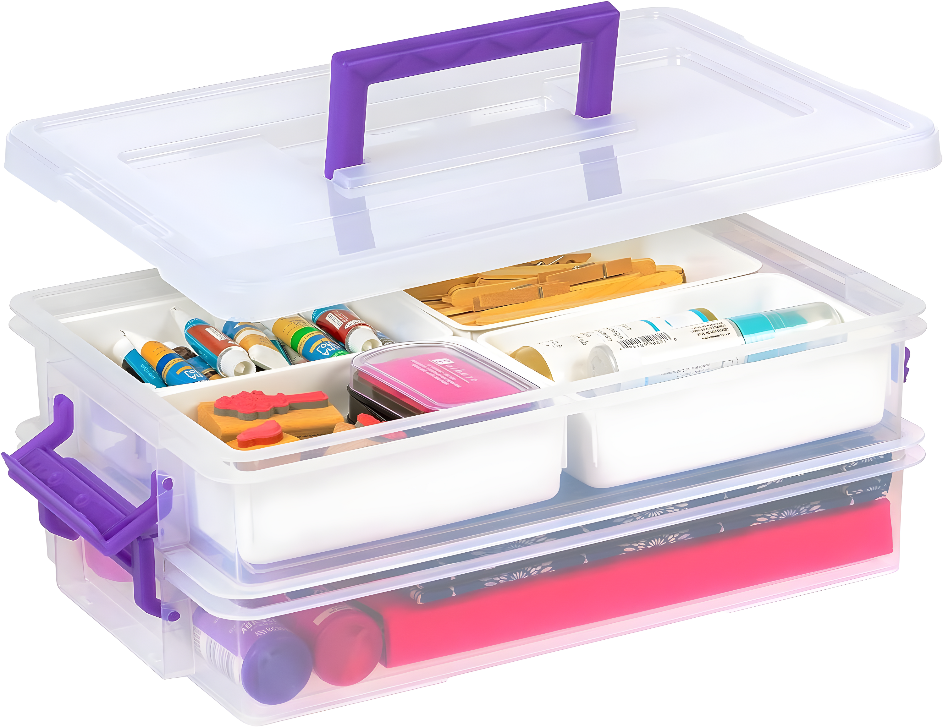 IRIS USA 9.4 Qt 2 Layer Stack and Carry Storage Containers with Bulked-Up Lid and 4 Removable Dividers, Clear/Violet