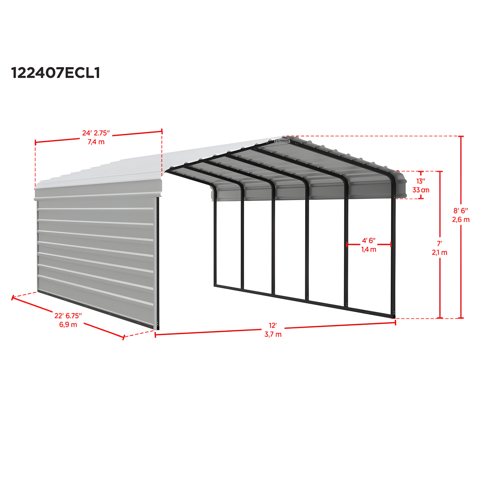 Arrow Arrow Steel Carport with 1 Side Wall Kit, 12X24X07