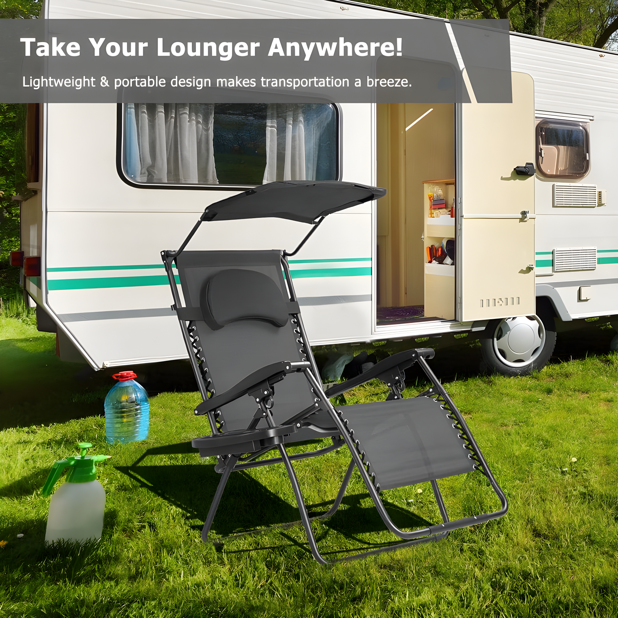 Arlmont & Co. Outdoor Folding Recliner Lounge Chair with Shade Canopy And Cup Holder