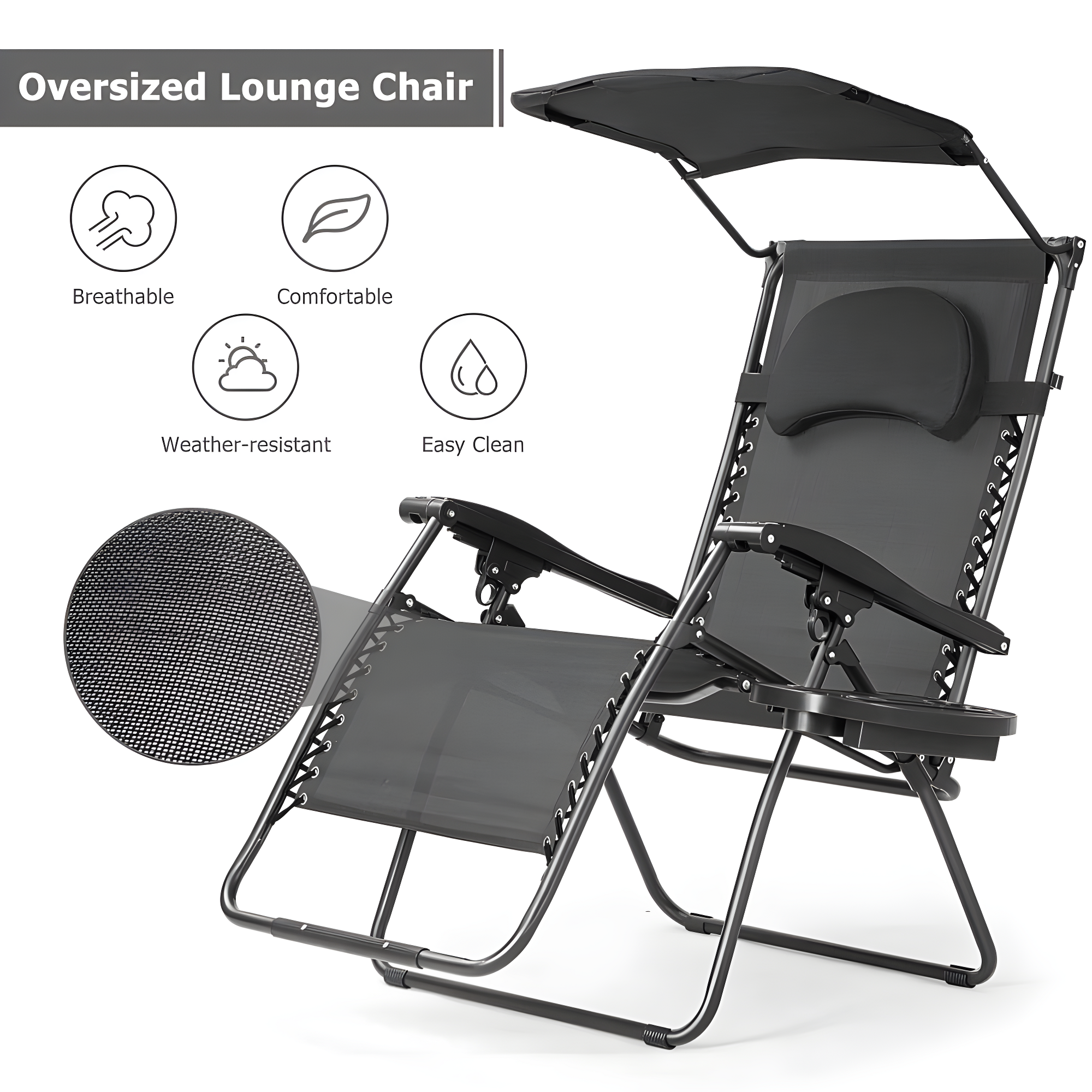 Arlmont & Co. Outdoor Folding Recliner Lounge Chair with Shade Canopy And Cup Holder