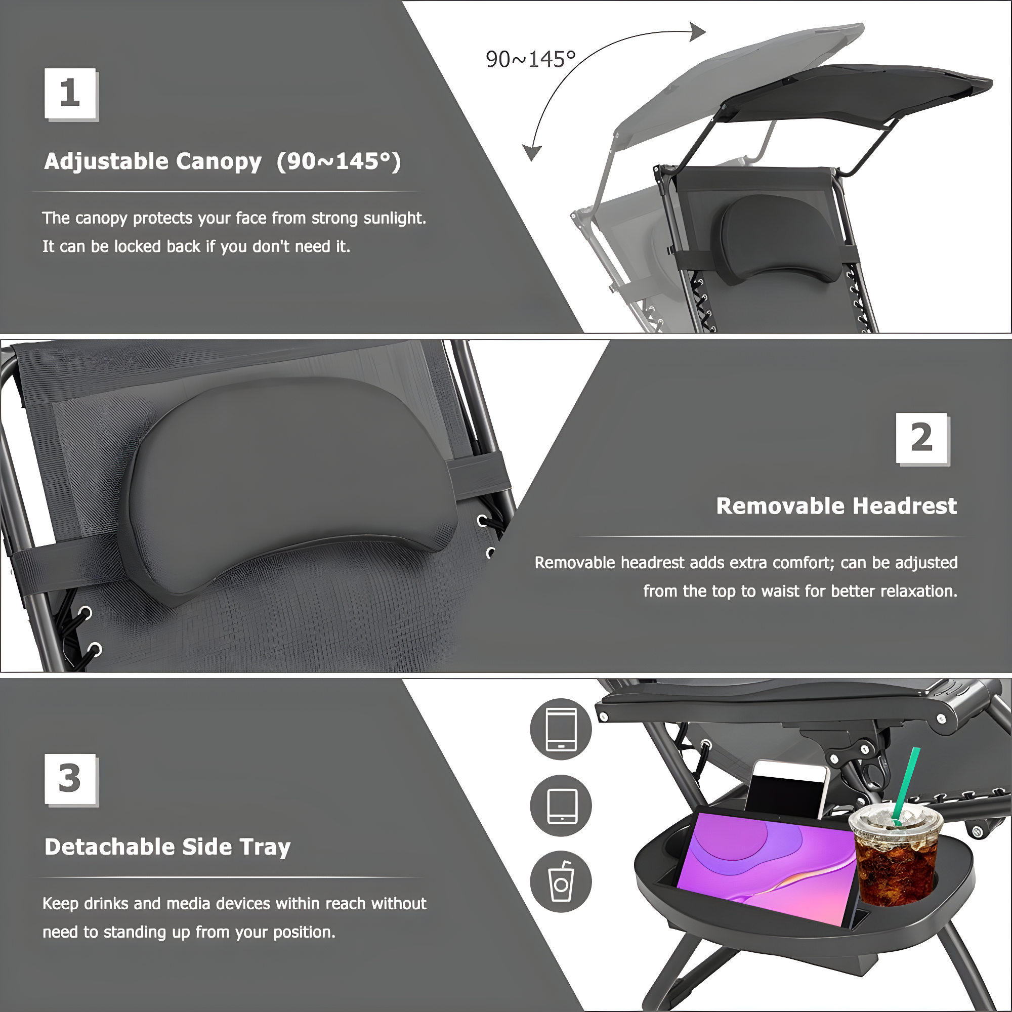 Arlmont & Co. Outdoor Folding Recliner Lounge Chair with Shade Canopy And Cup Holder