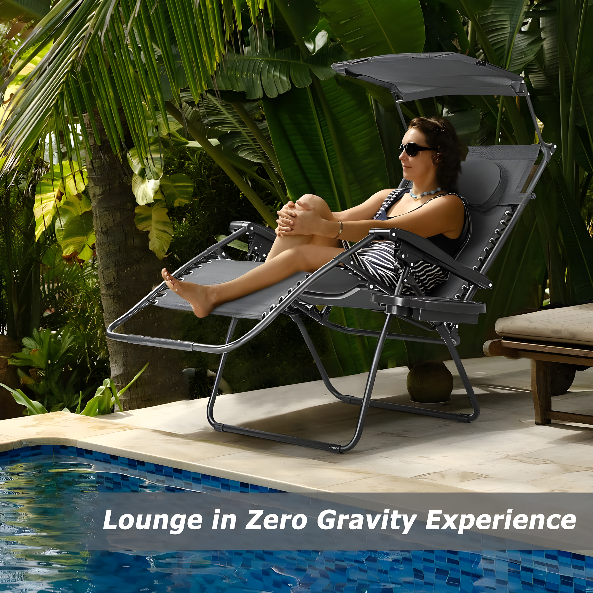 Arlmont & Co. Outdoor Folding Recliner Lounge Chair with Shade Canopy And Cup Holder