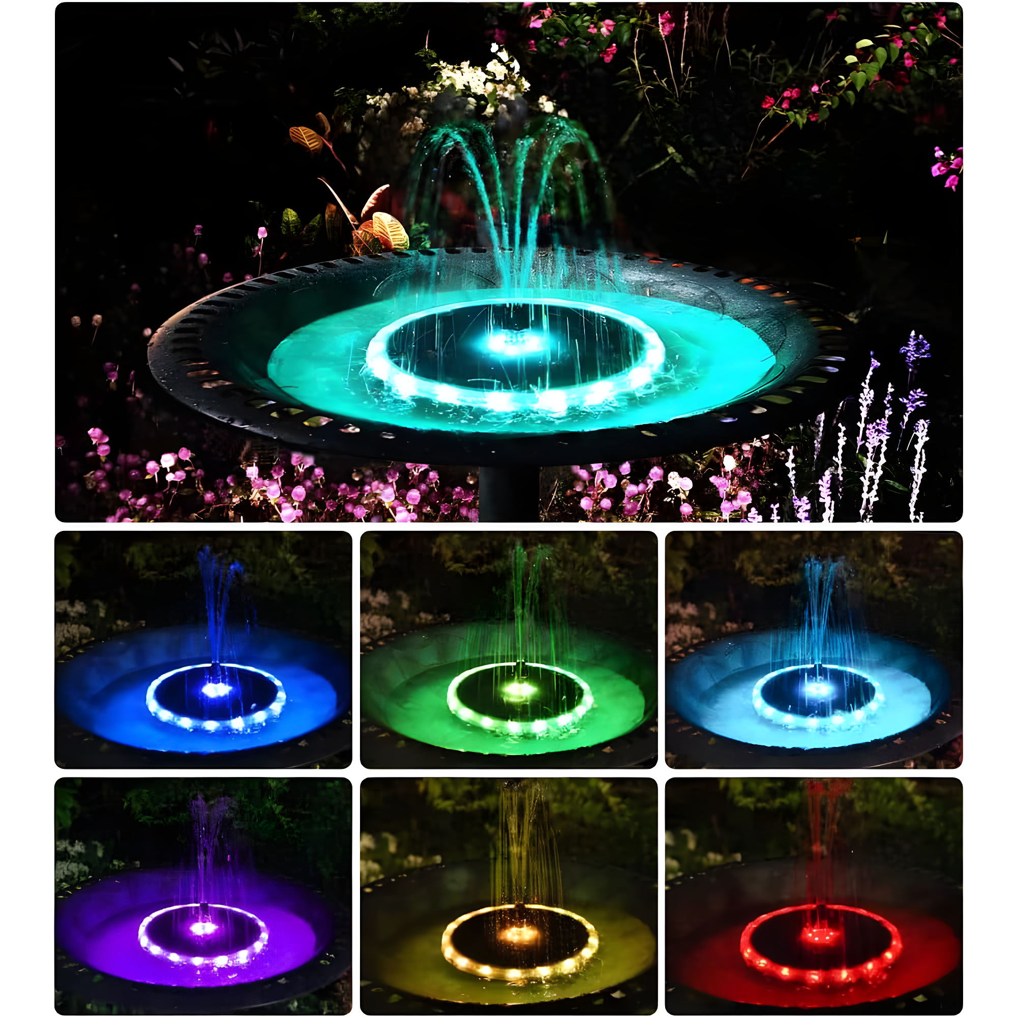 Solar Fountain Matte Panel with 4000 mAH Battery, 4W Bird Bath Fountains Solar Power with 8 Nozzles, Floating Solar Fountain Pump for Bird Bath, Garden, Pond, Outdoor (Color Change)