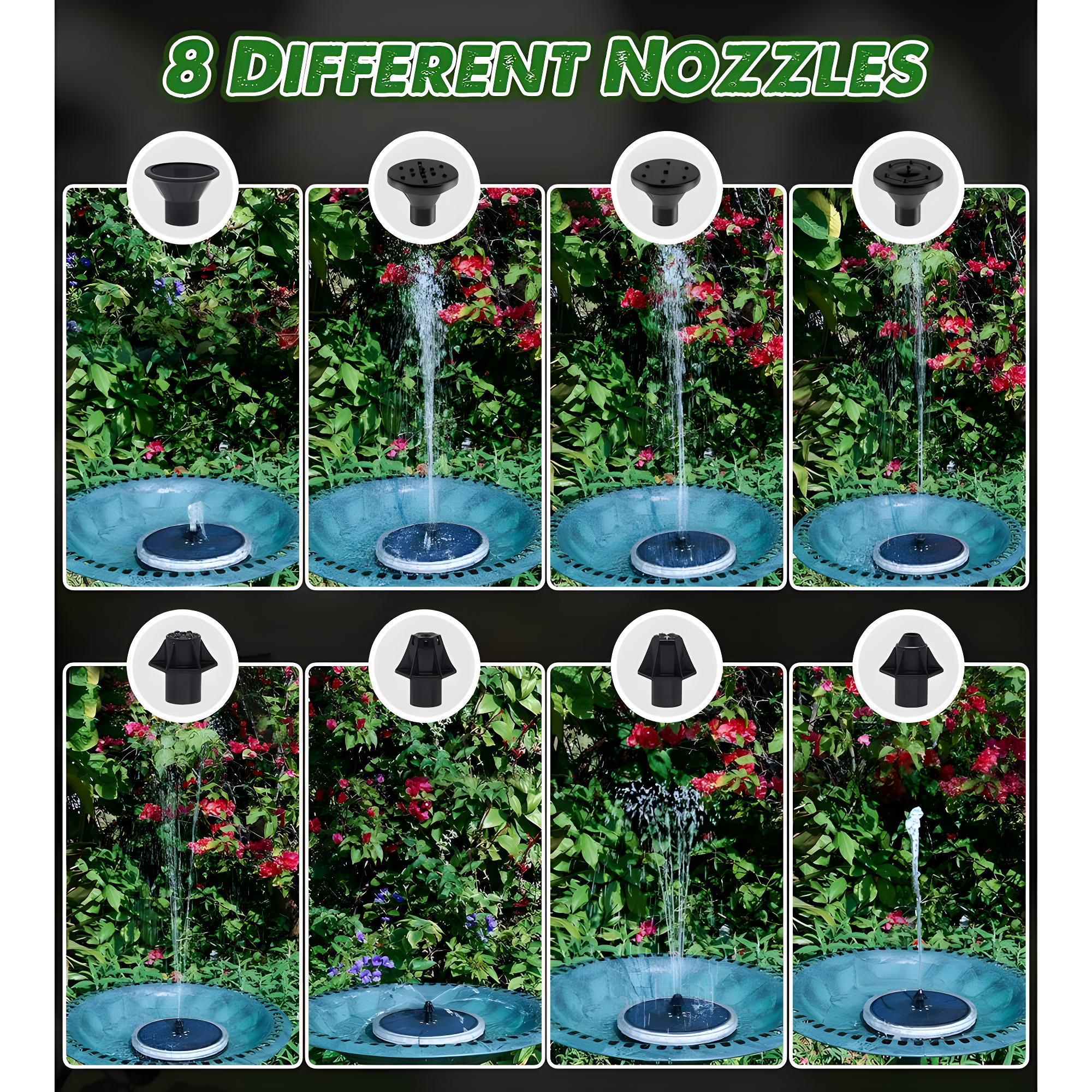 Solar Fountain Matte Panel with 4000 mAH Battery, 4W Bird Bath Fountains Solar Power with 8 Nozzles, Floating Solar Fountain Pump for Bird Bath, Garden, Pond, Outdoor (Color Change)