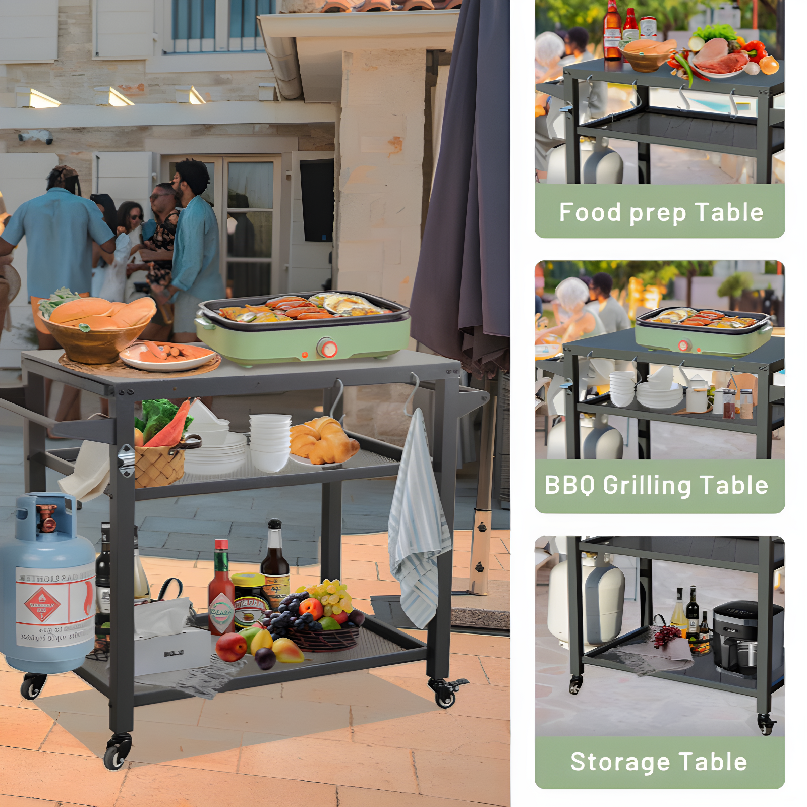 GZMWON 3-Shelf Outdoor Grill Table, Grill Cart Outdoor With Wheels, Pizza Oven Table And Food Prep Table, Blackstone Table Grill Stand  Blackstone Griddle  Outside BBQ