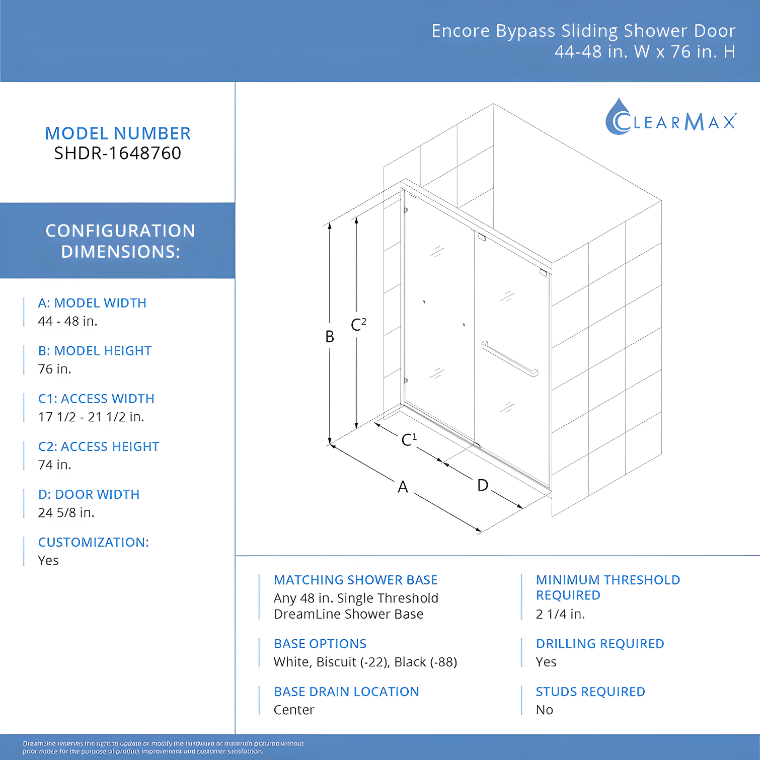 Encore 44" W x 76" Frameless Shower Door with ClearMax Technology