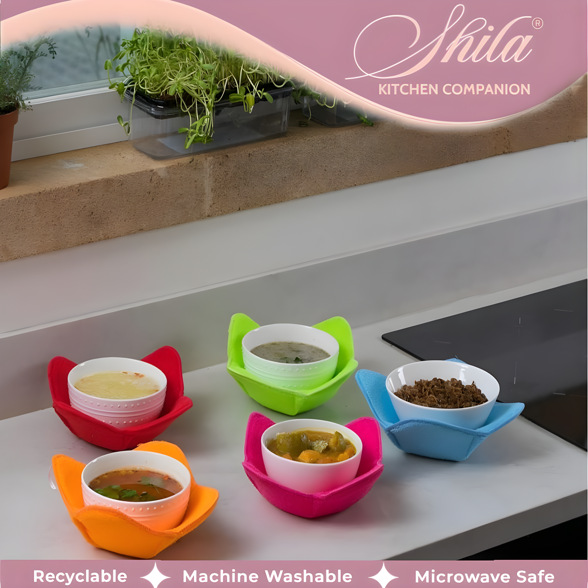 SHILA Bowl Snuggies, Multicolor Set of 5 Microwave-Safe Hot Bowl Holders to Keep Your Hands Cool and Your Food Warm, Polyester & Sponge Heat Resistant Dish Pads for Soup, Rice and Pasta
