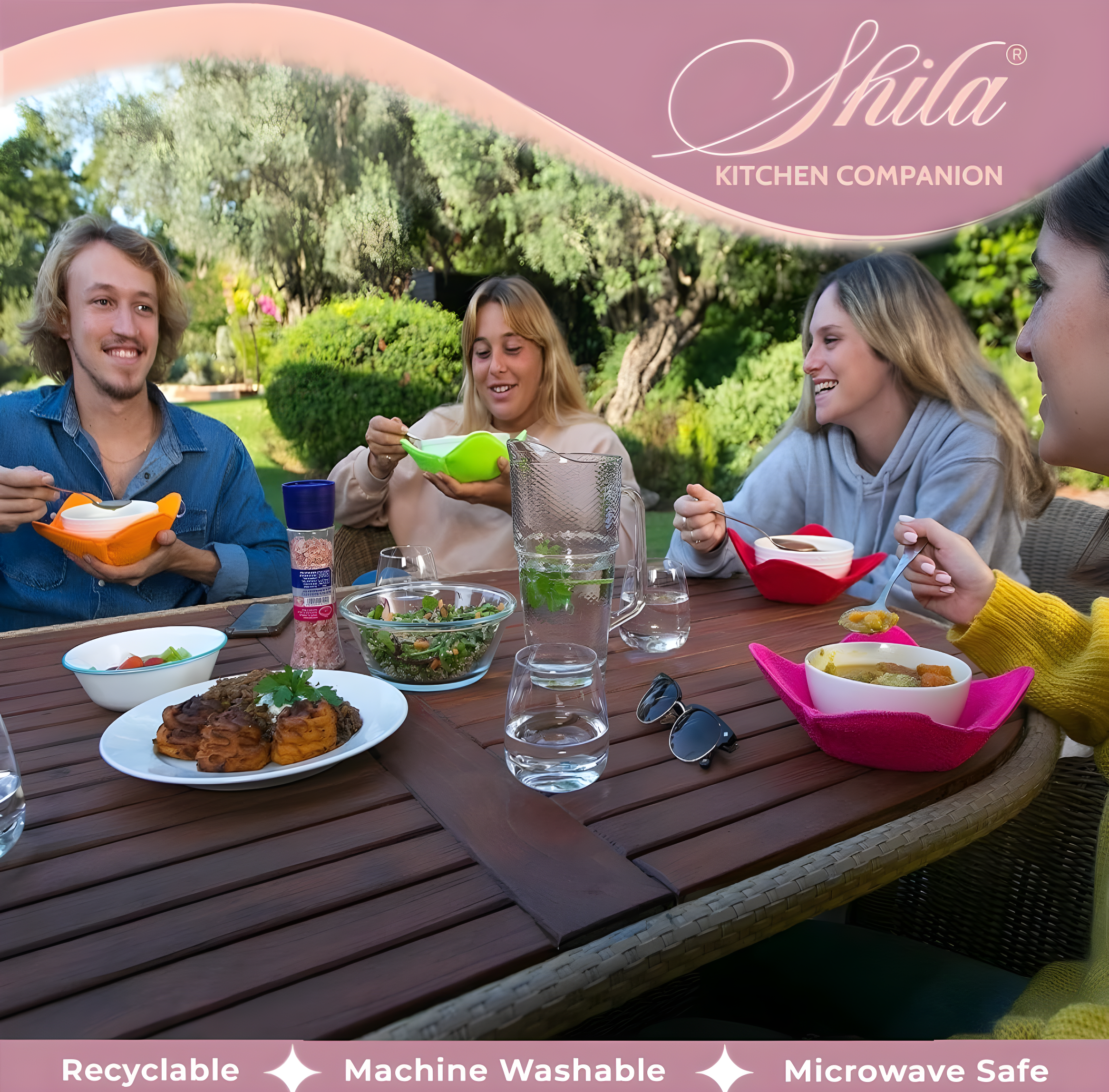 SHILA Bowl Snuggies, Multicolor Set of 5 Microwave-Safe Hot Bowl Holders to Keep Your Hands Cool and Your Food Warm, Polyester & Sponge Heat Resistant Dish Pads for Soup, Rice and Pasta