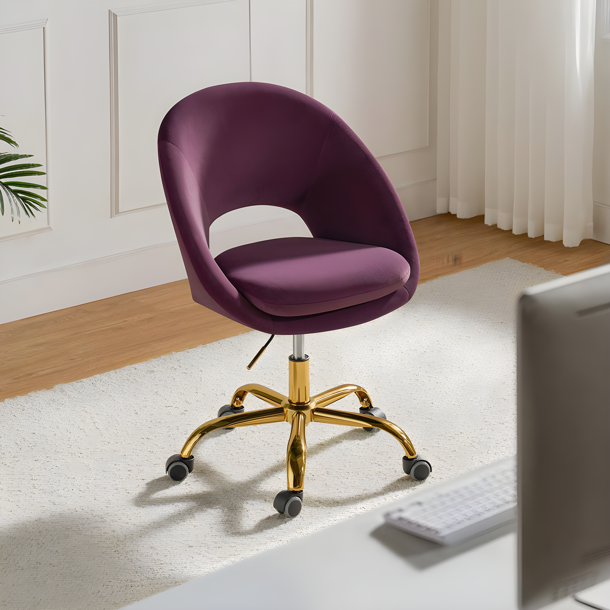 Savas Purple Velvet Swivel Task Chair with Wooden Accents