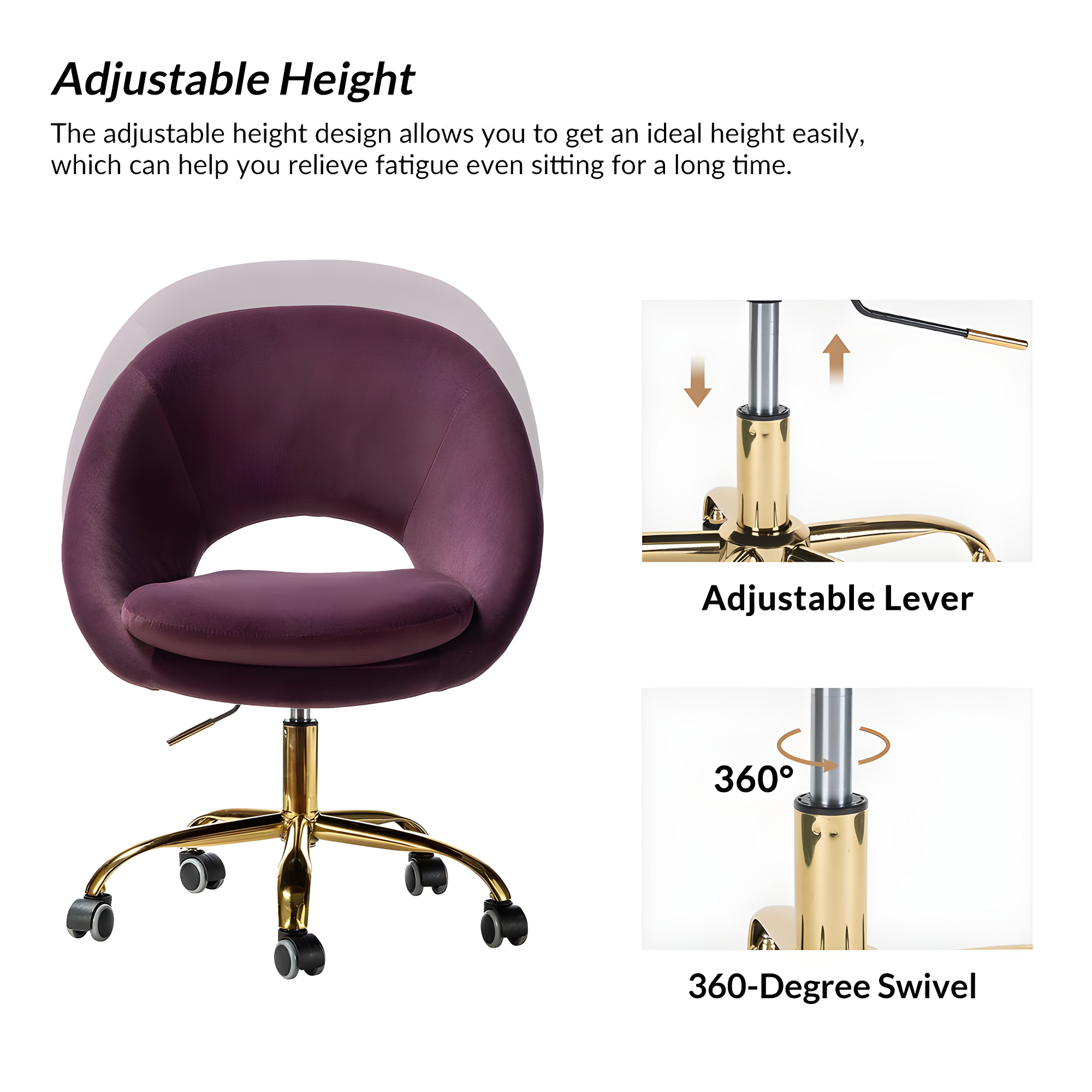 Savas Purple Velvet Swivel Task Chair with Wooden Accents